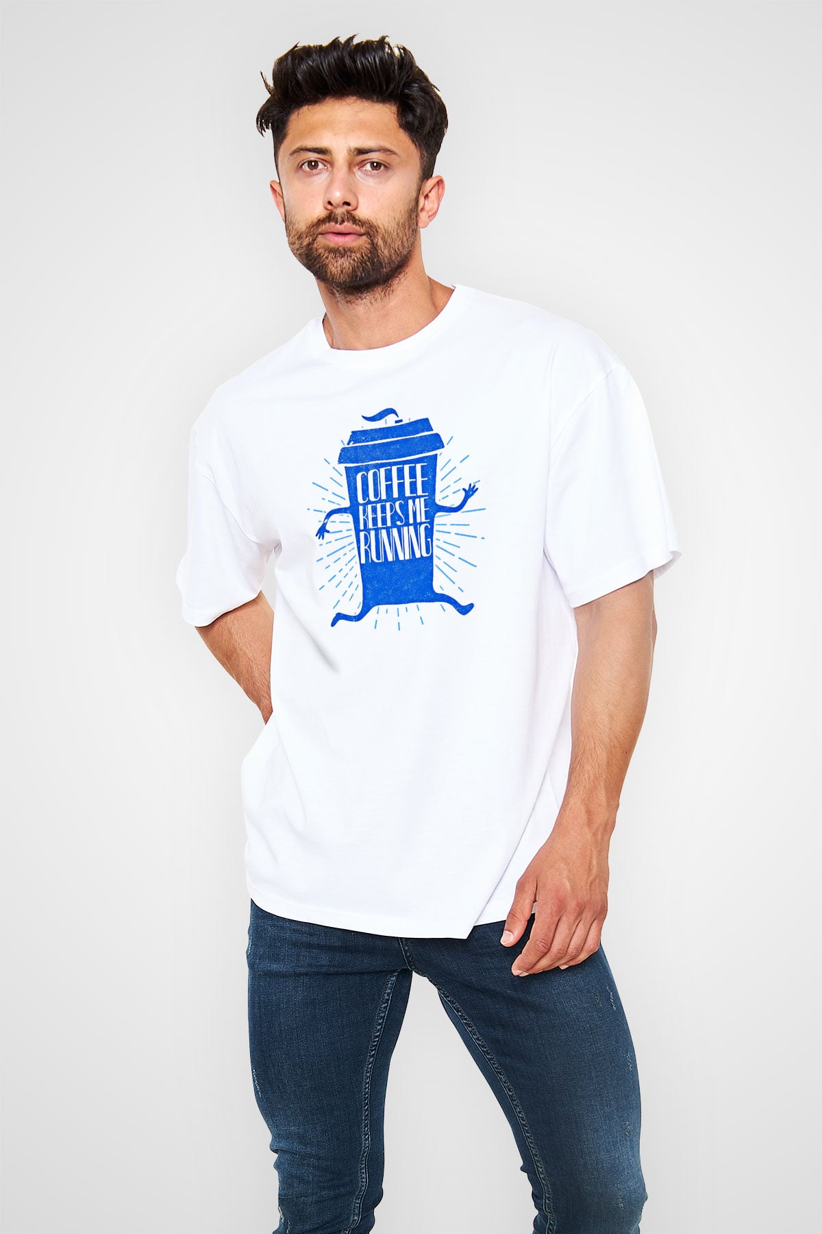 Koşu Baskılı Unisex Beyaz Oversize Tişört - Tshirt