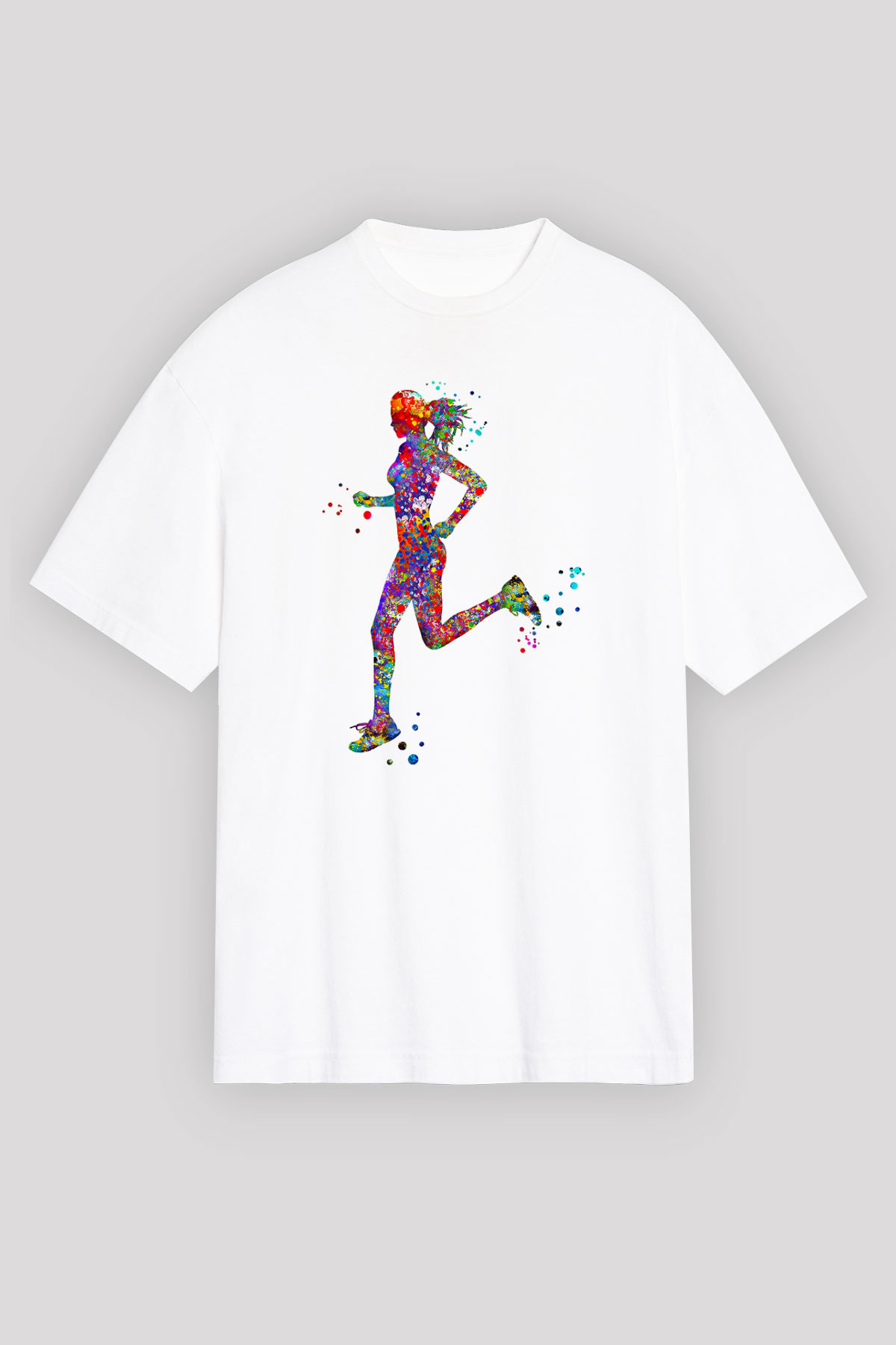Koşu Baskılı Unisex Beyaz Oversize Tişört - Tshirt