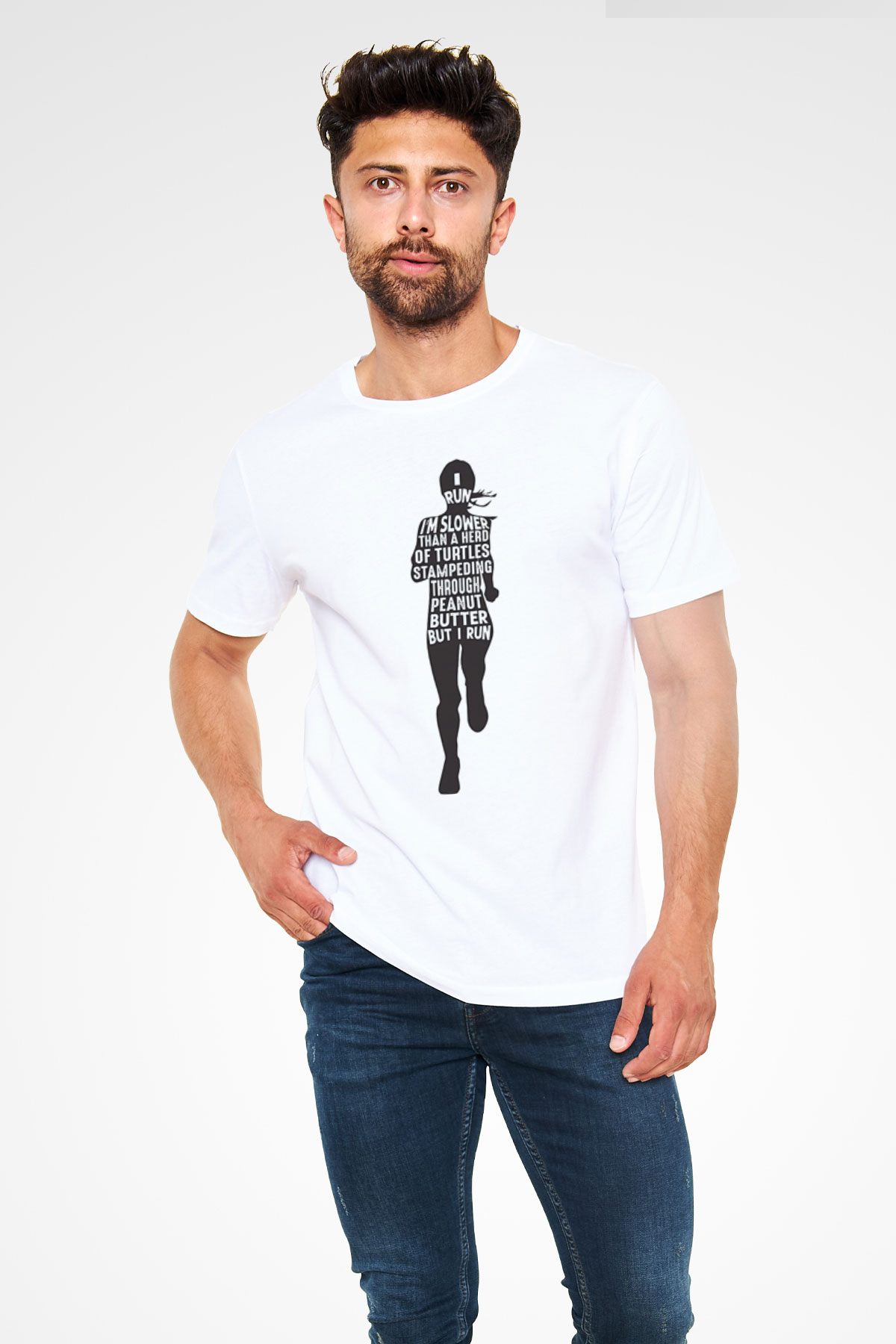 Koşu Baskılı Unisex Beyaz Tişört - Tshirt