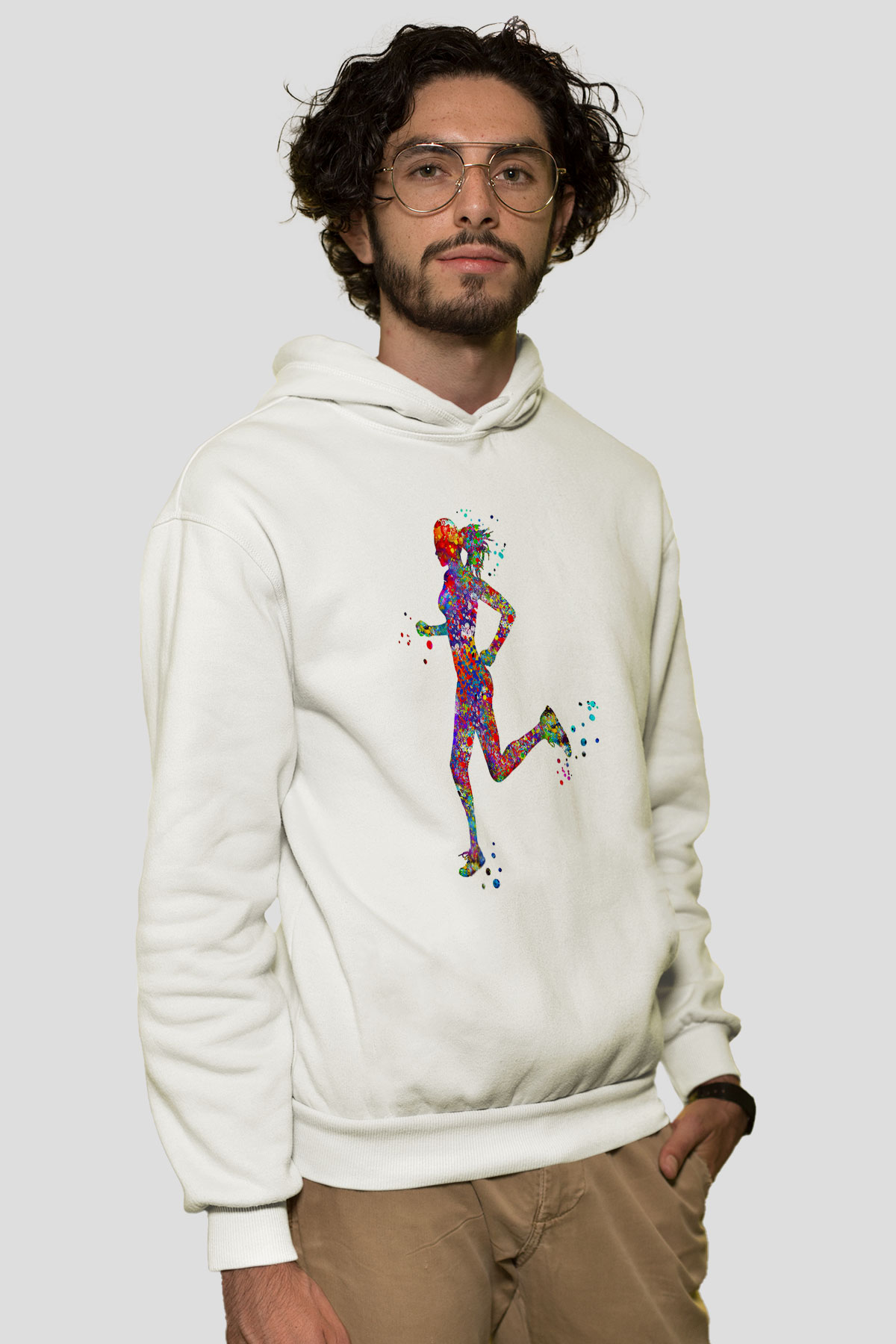Koşu Baskılı Unisex Ekru Hoodie