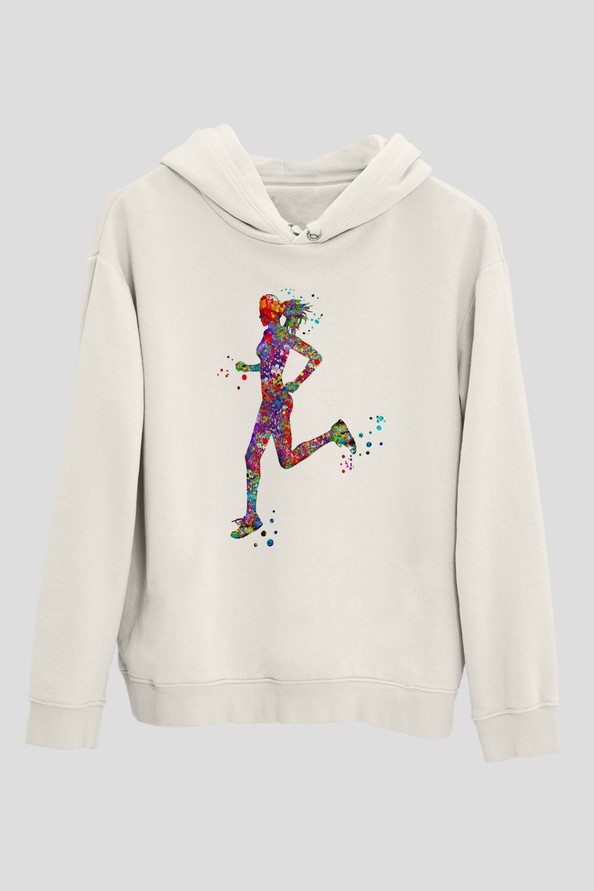 Koşu Baskılı Unisex Ekru Hoodie