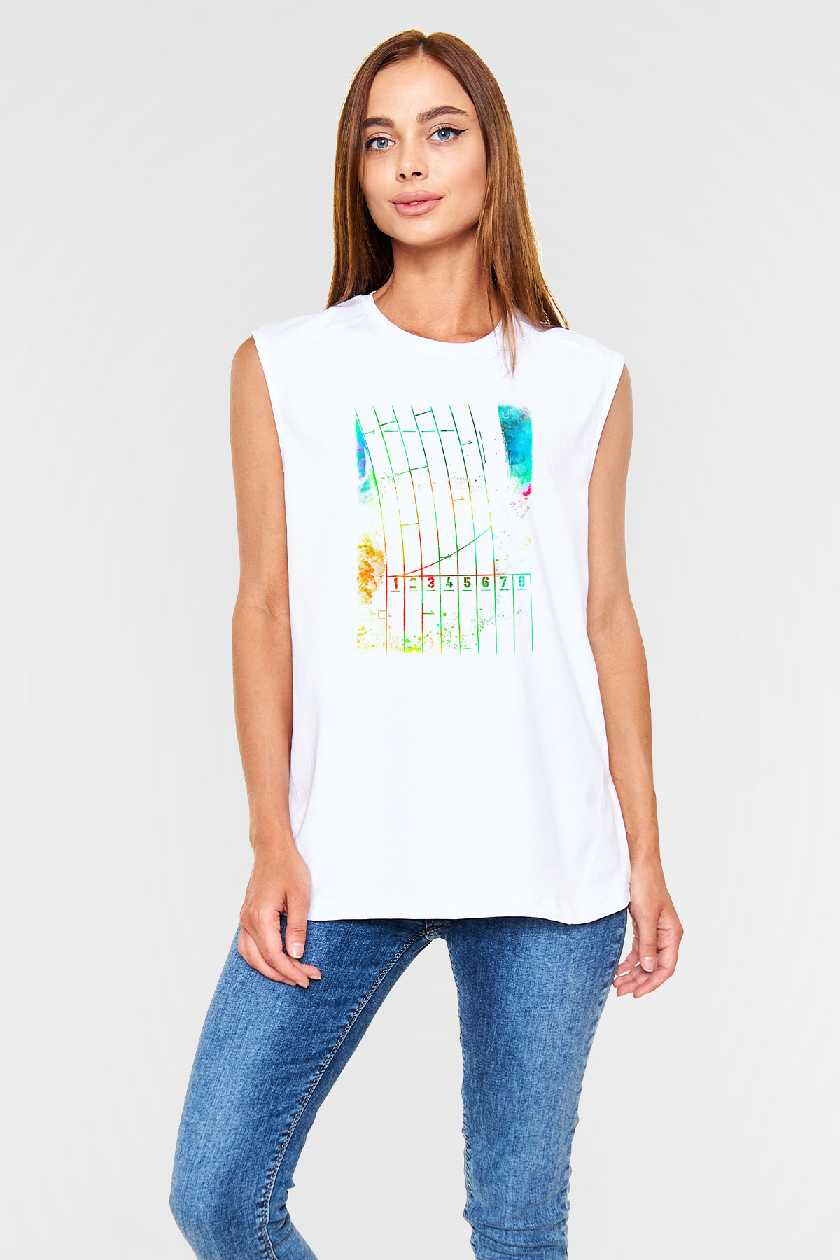 Koşu Baskılı Unisex Kolsuz Beyaz Tişört