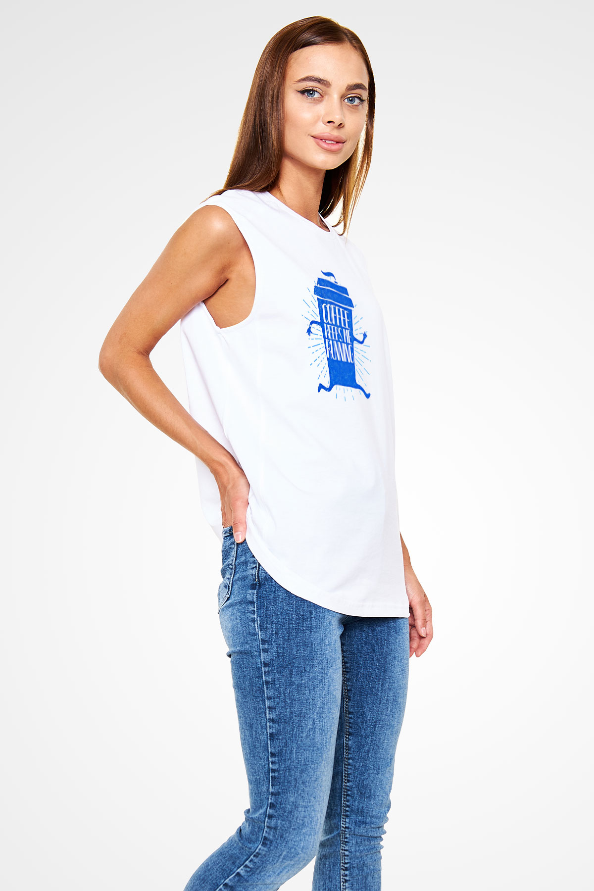 Koşu Baskılı Unisex Kolsuz Beyaz Tişört