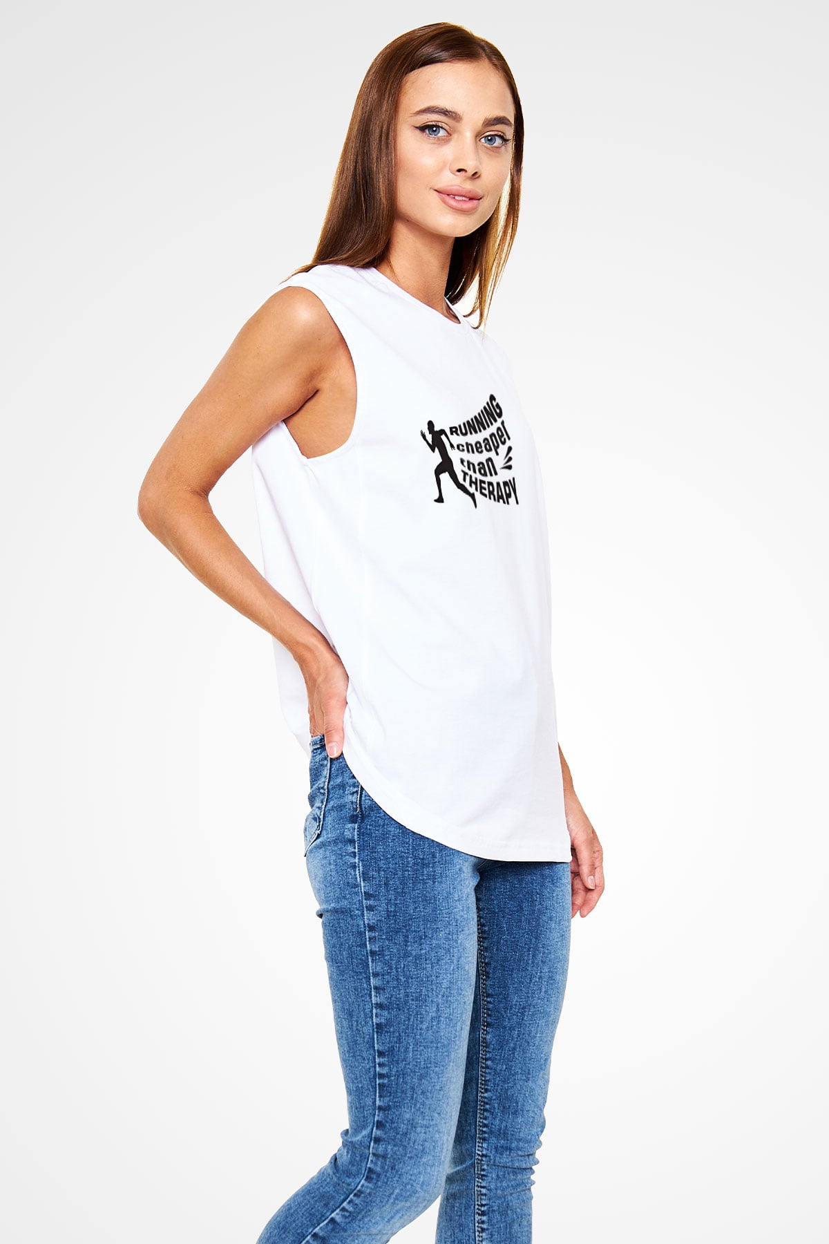 Koşu Baskılı Unisex Kolsuz Beyaz Tişört