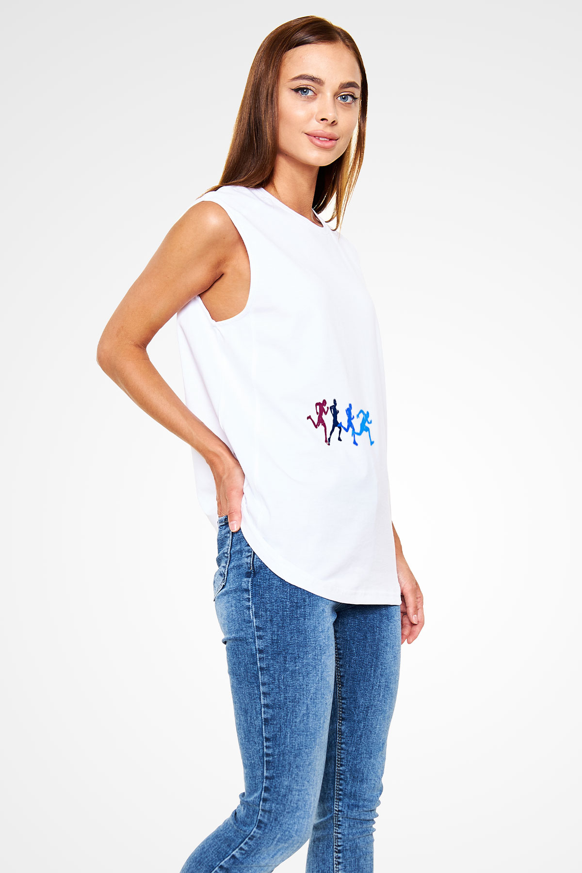 Koşu Baskılı Unisex Kolsuz Beyaz Tişört