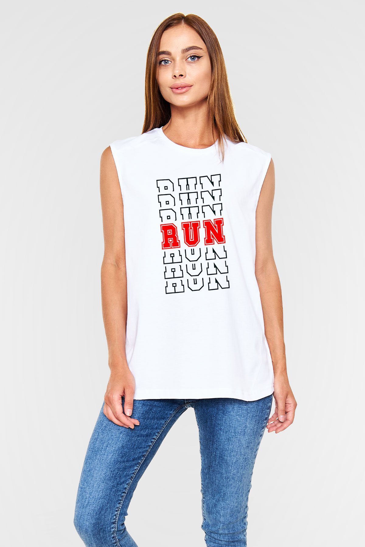 Koşu Baskılı Unisex Kolsuz Beyaz Tişört