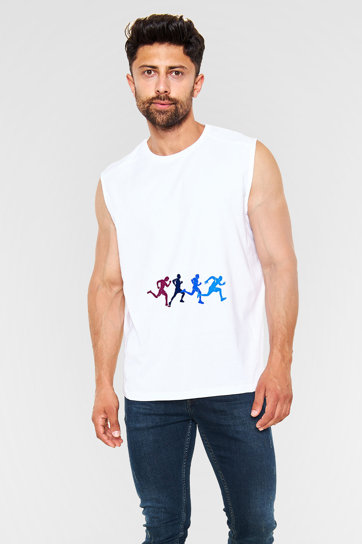 Koşu Baskılı Unisex Kolsuz Beyaz Tişört