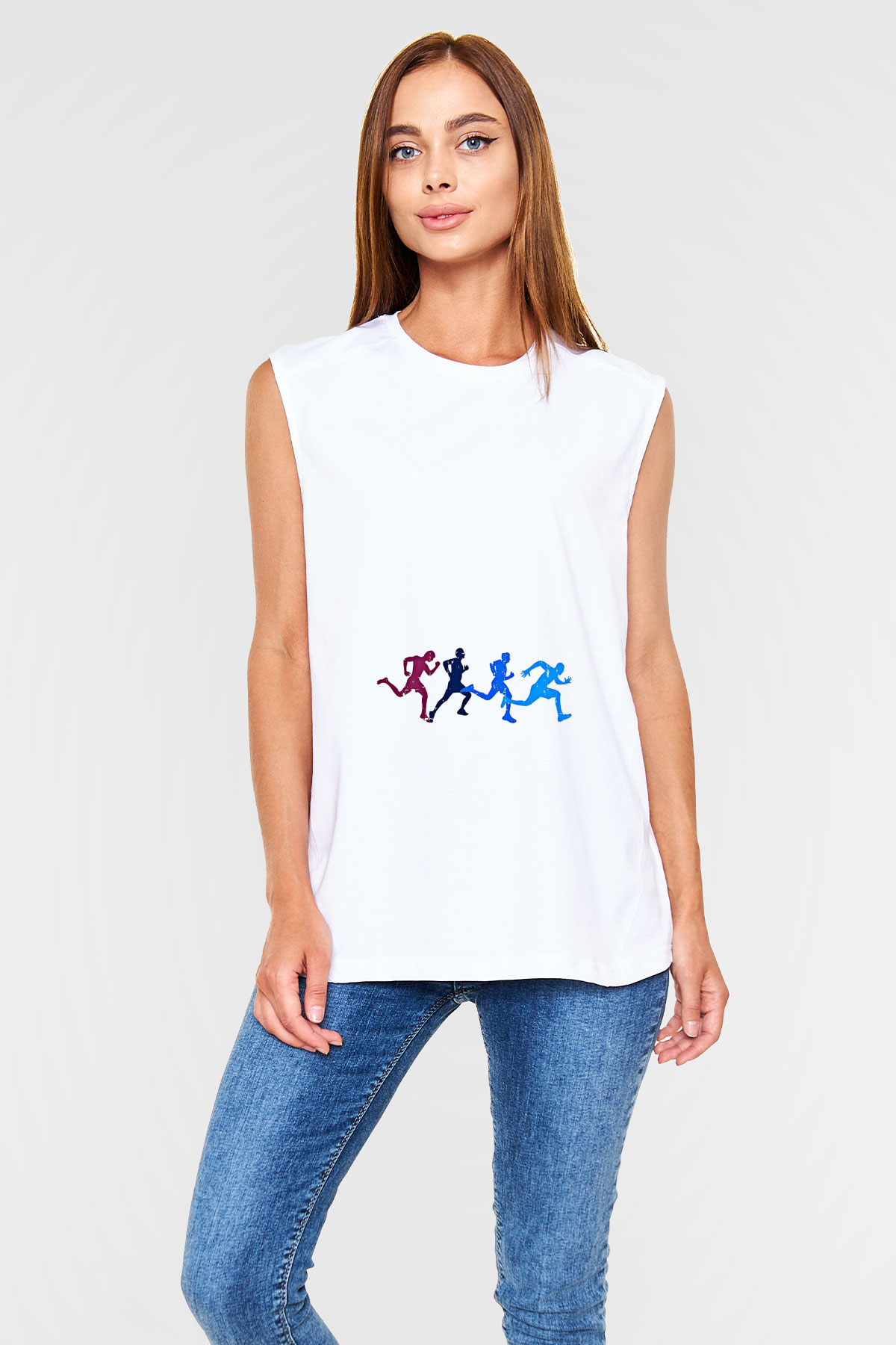 Koşu Baskılı Unisex Kolsuz Beyaz Tişört