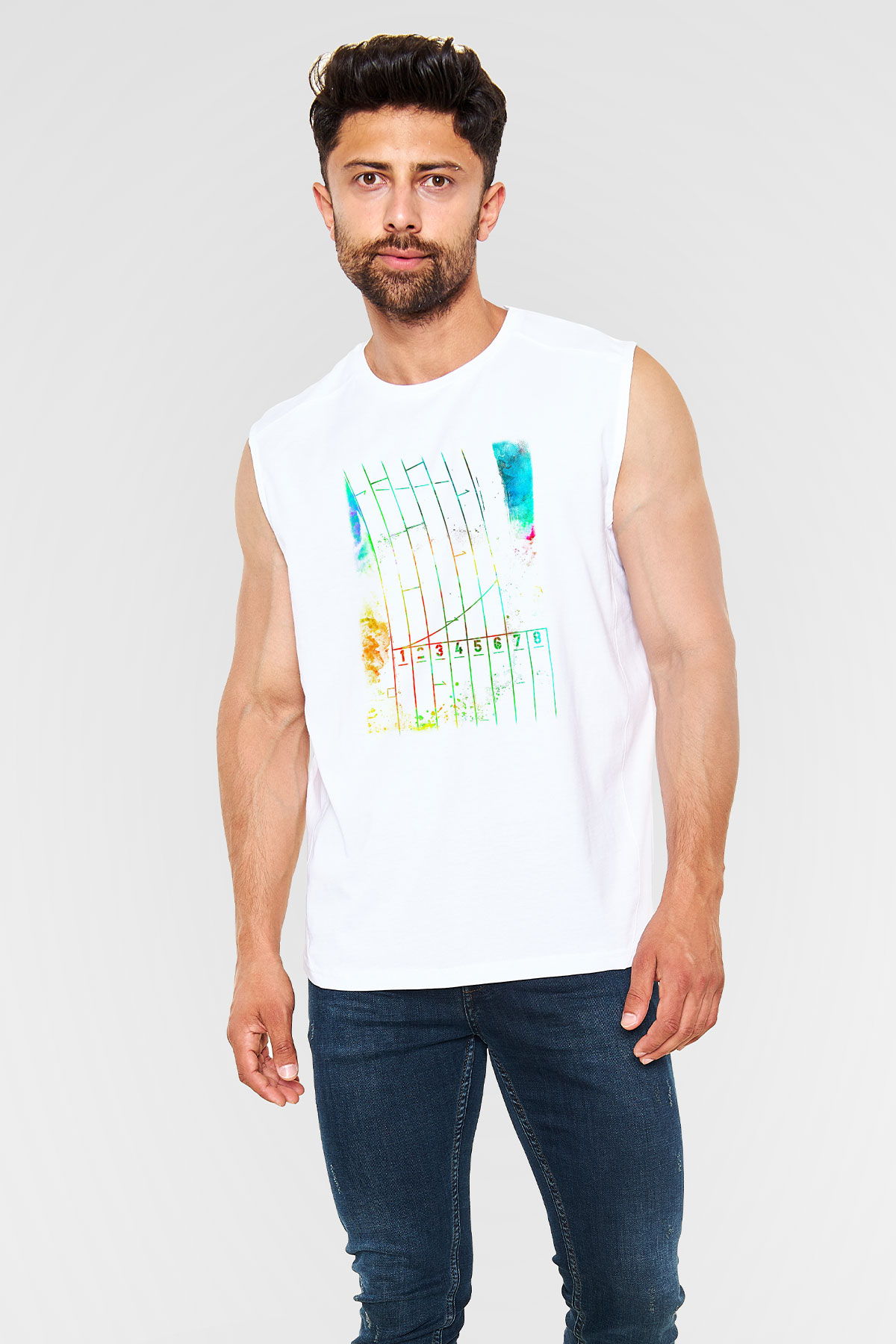Koşu Baskılı Unisex Kolsuz Beyaz Tişört