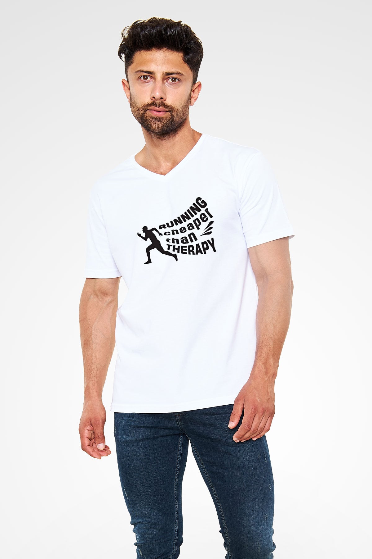 Koşu Baskılı Unisex V Yaka Tişört - Tshirt