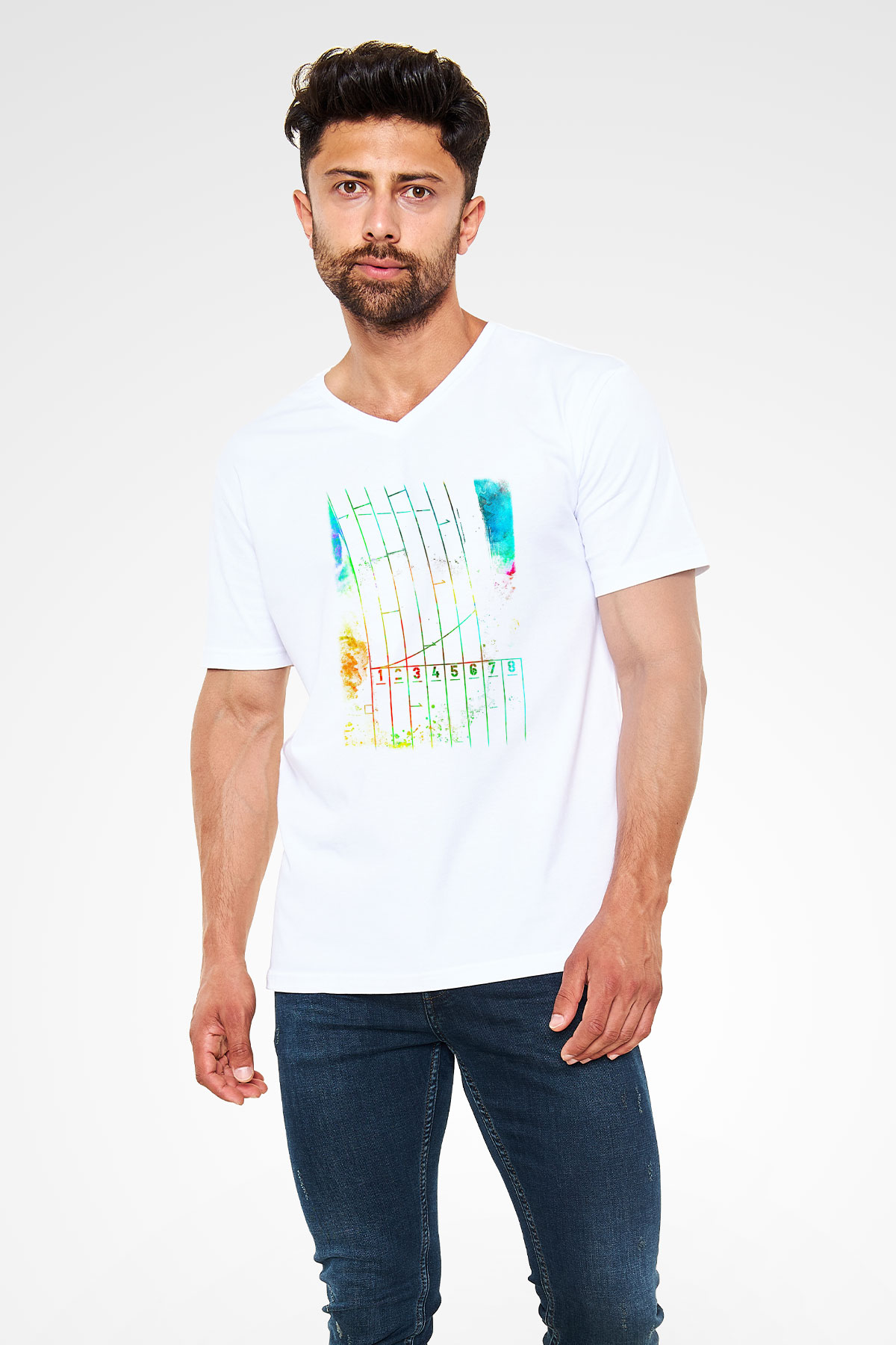 Koşu Baskılı Unisex V Yaka Tişört - Tshirt