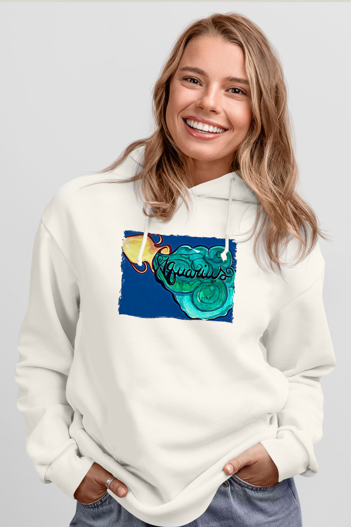 Kova Burcu Baskılı Beyaz Unisex Hoodie
