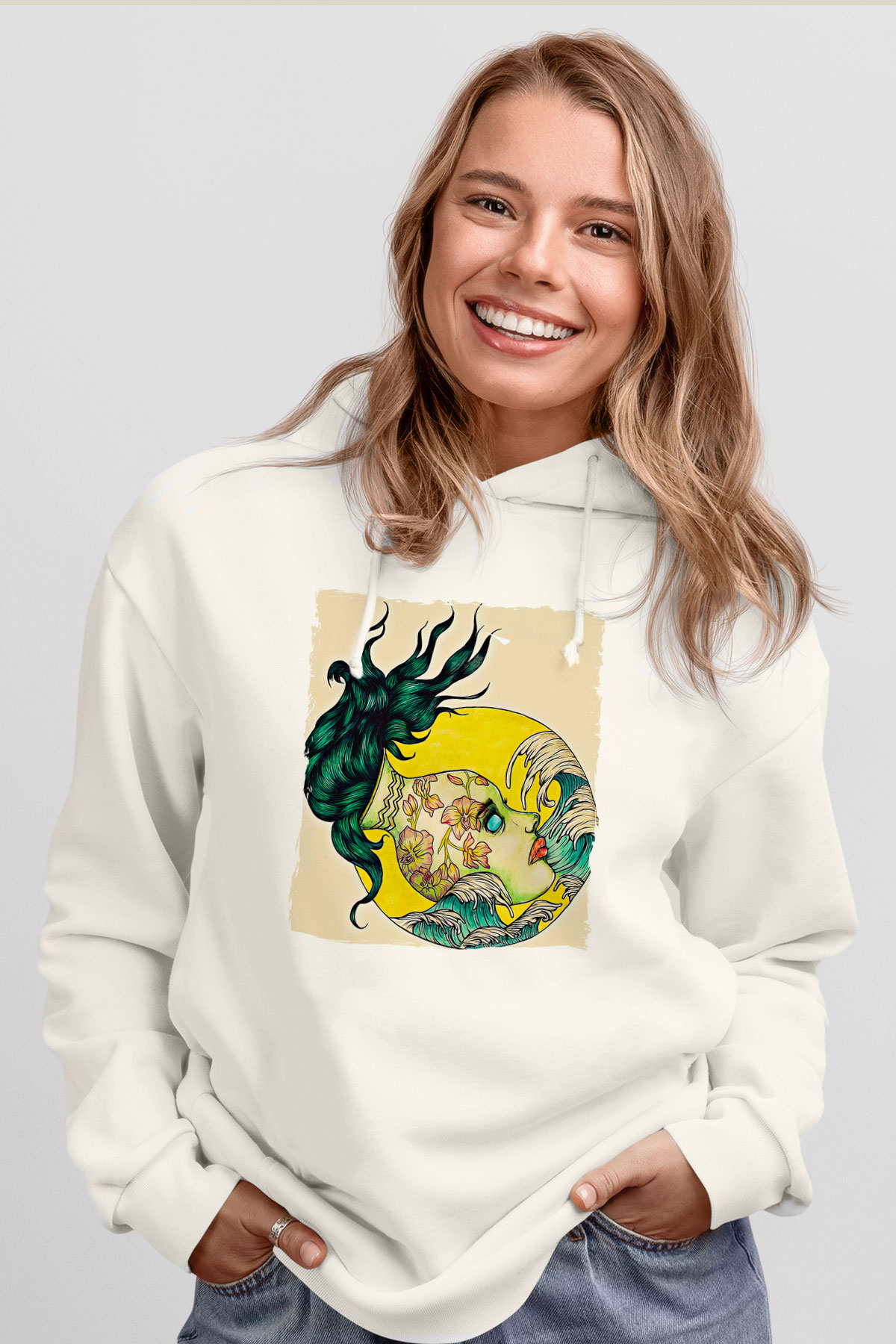 Kova Burcu Baskılı Beyaz Unisex Hoodie
