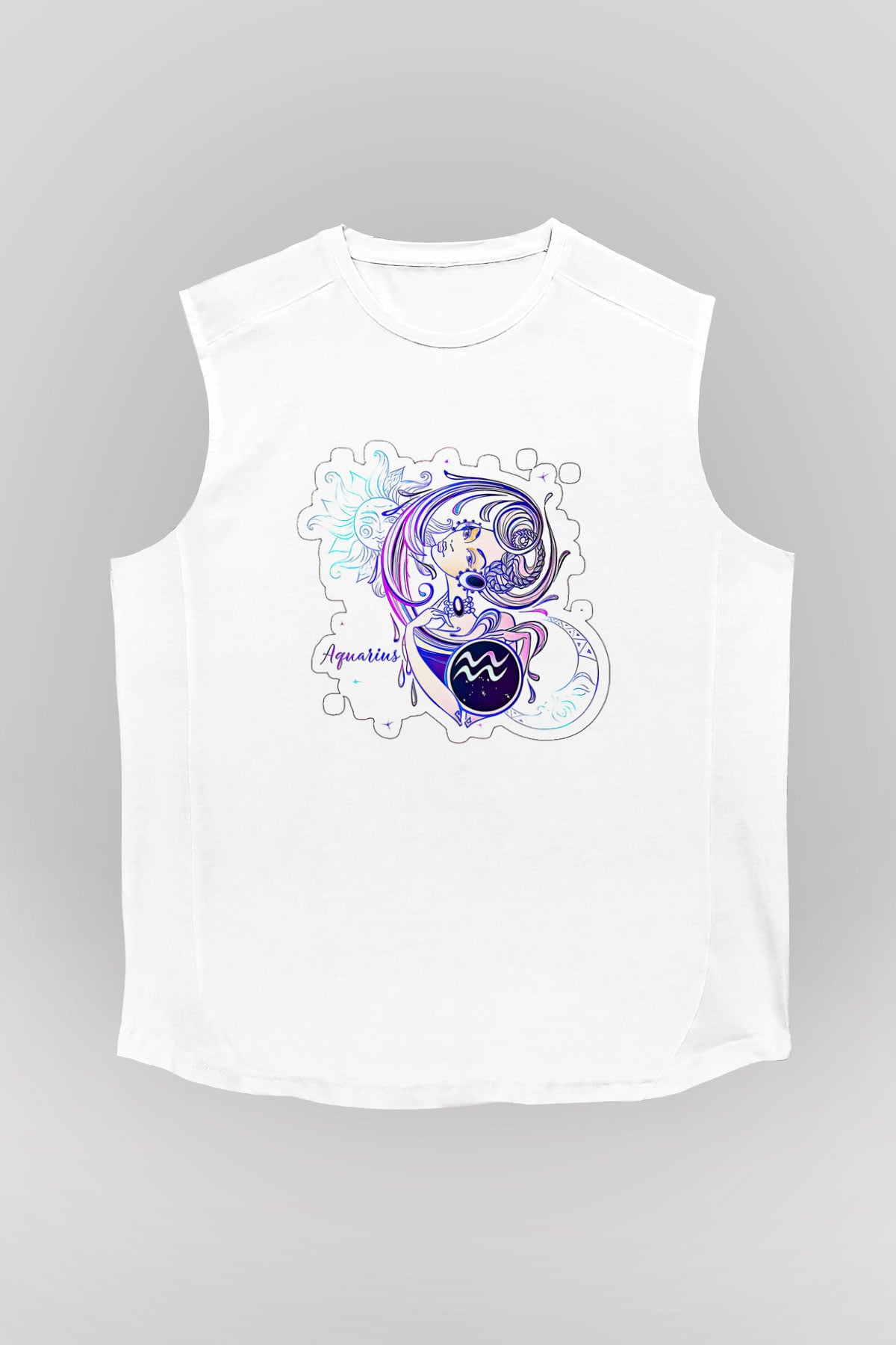 Kova Burcu Baskılı Beyaz Unisex Kolsuz Tişört - Tshirt