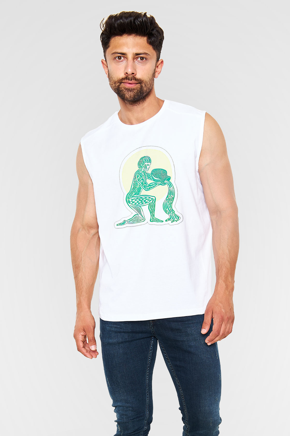 Kova Burcu Baskılı Beyaz Unisex Kolsuz Tişört - Tshirt
