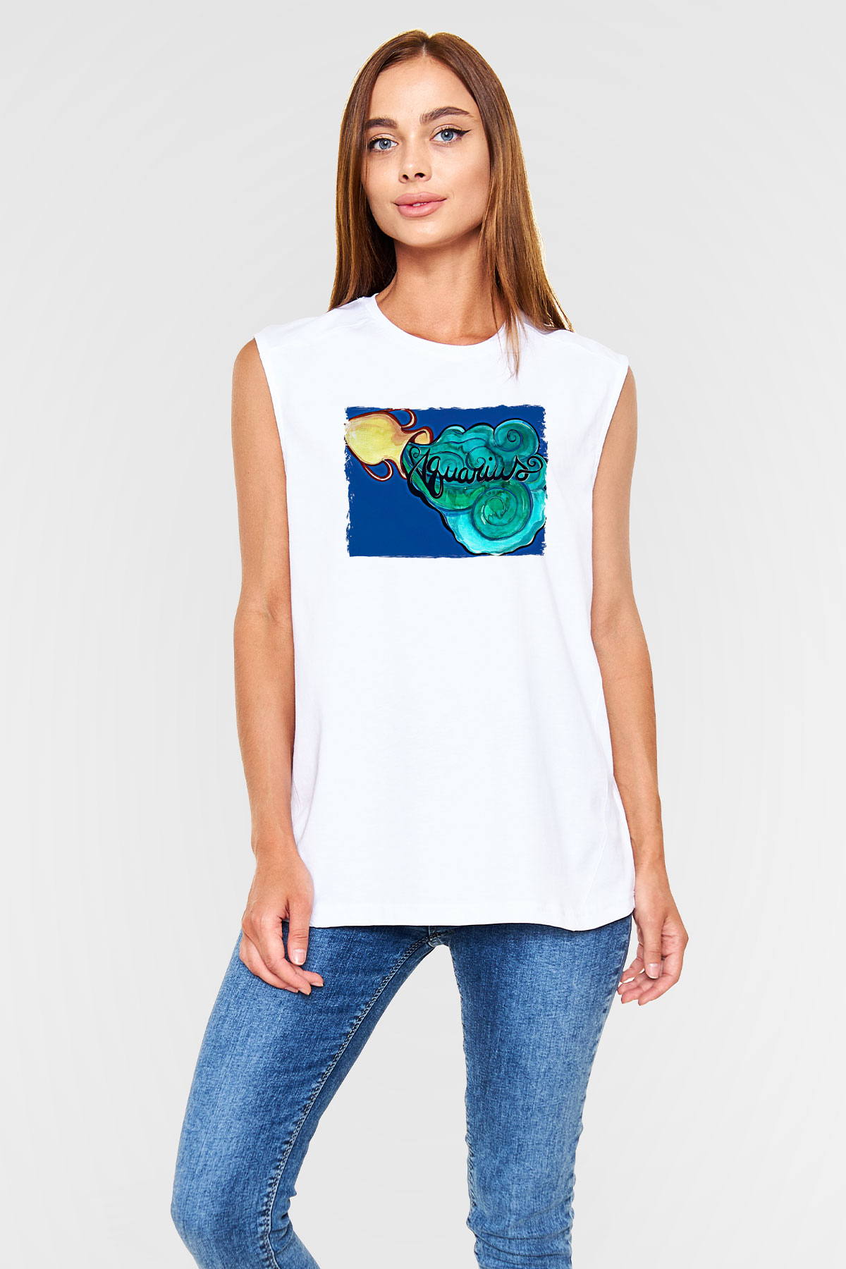 Kova Burcu Baskılı Beyaz Unisex Kolsuz Tişört - Tshirt