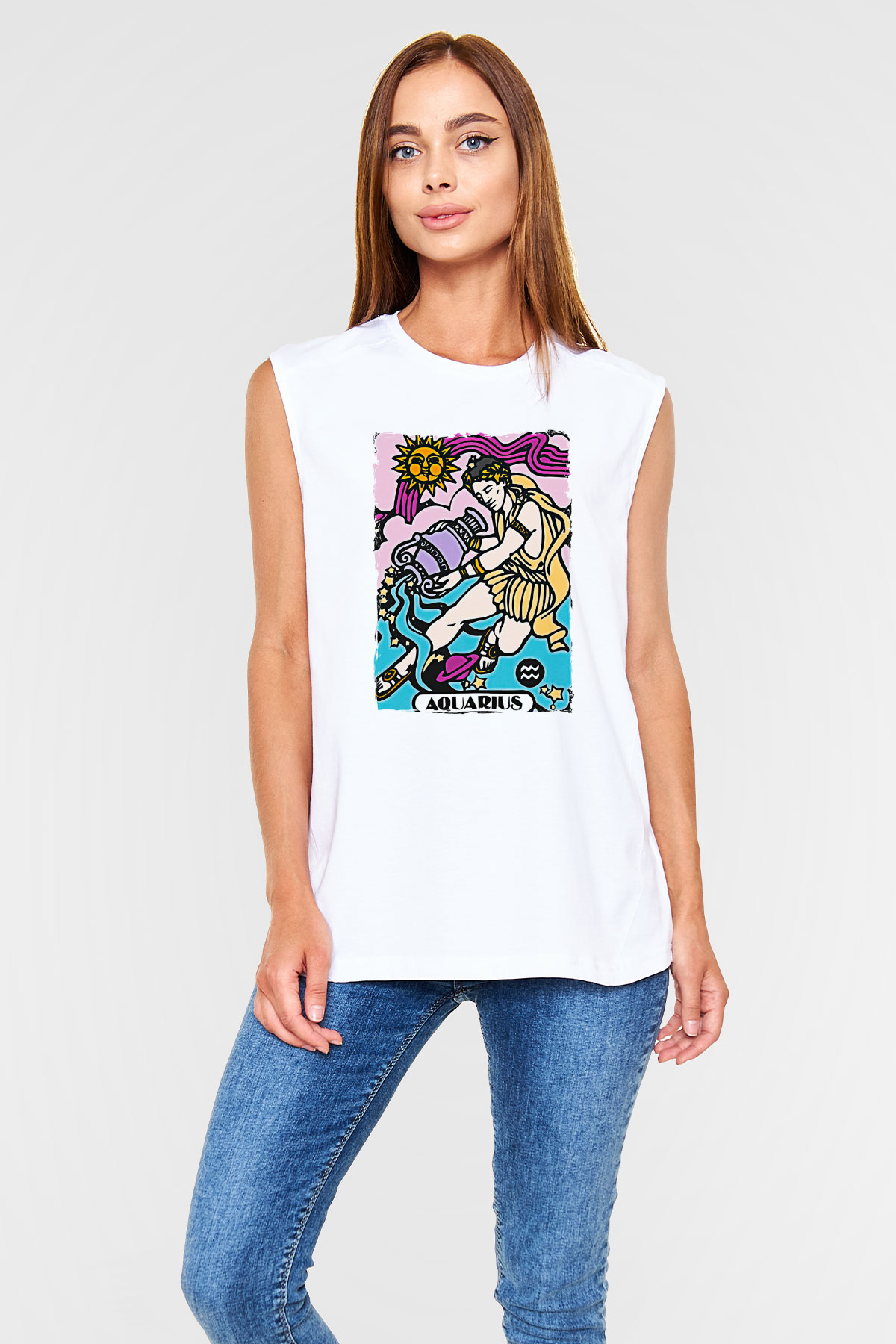 Kova Burcu Baskılı Beyaz Unisex Kolsuz Tişört - Tshirt