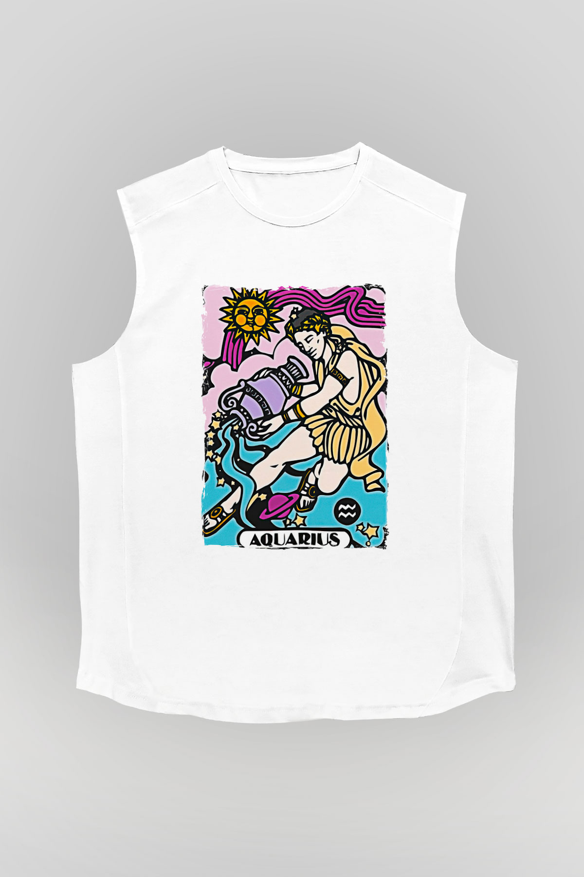 Kova Burcu Baskılı Beyaz Unisex Kolsuz Tişört - Tshirt