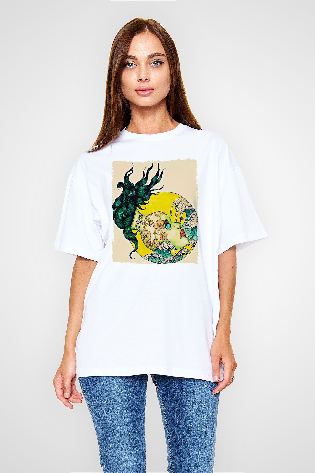 Kova Burcu Baskılı Beyaz Unisex Oversize Tişört - Tshirt