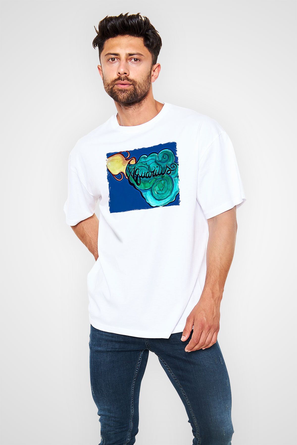 Kova Burcu Baskılı Beyaz Unisex Oversize Tişört - Tshirt