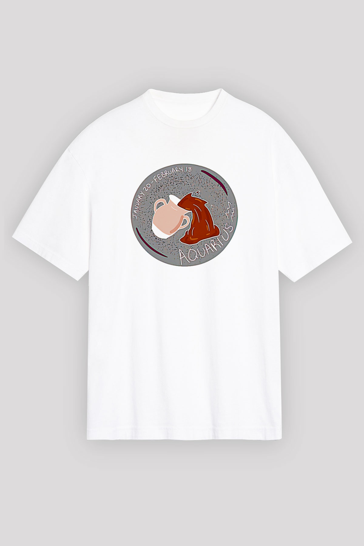 Kova Burcu Baskılı Beyaz Unisex Oversize Tişört - Tshirt