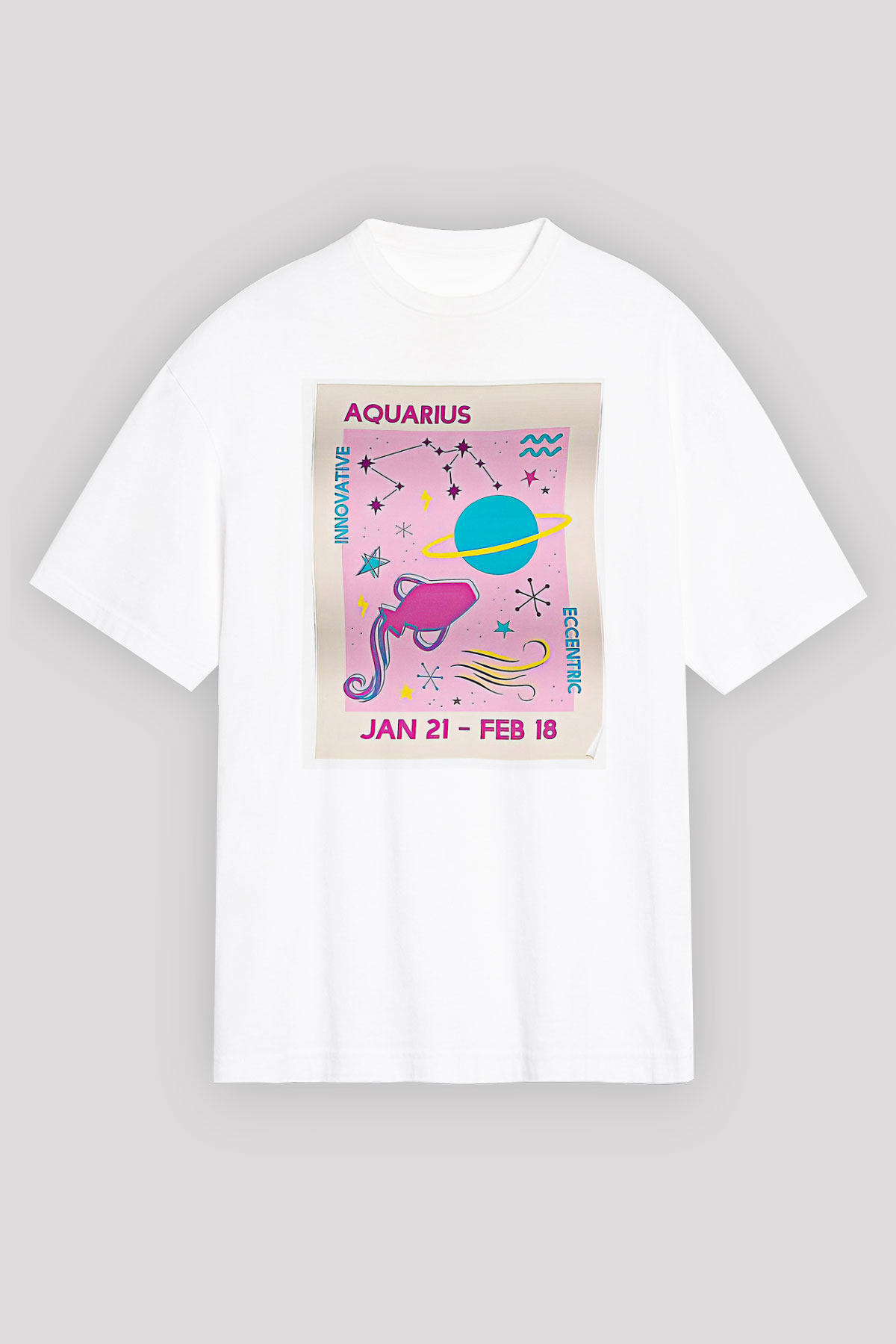 Kova Burcu Baskılı Beyaz Unisex Oversize Tişört - Tshirt