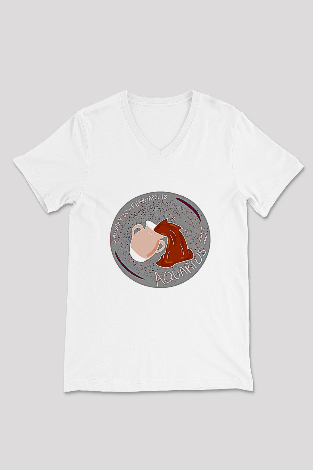 Kova Burcu Baskılı Beyaz Unisex V Yaka Tişört - Tshirt