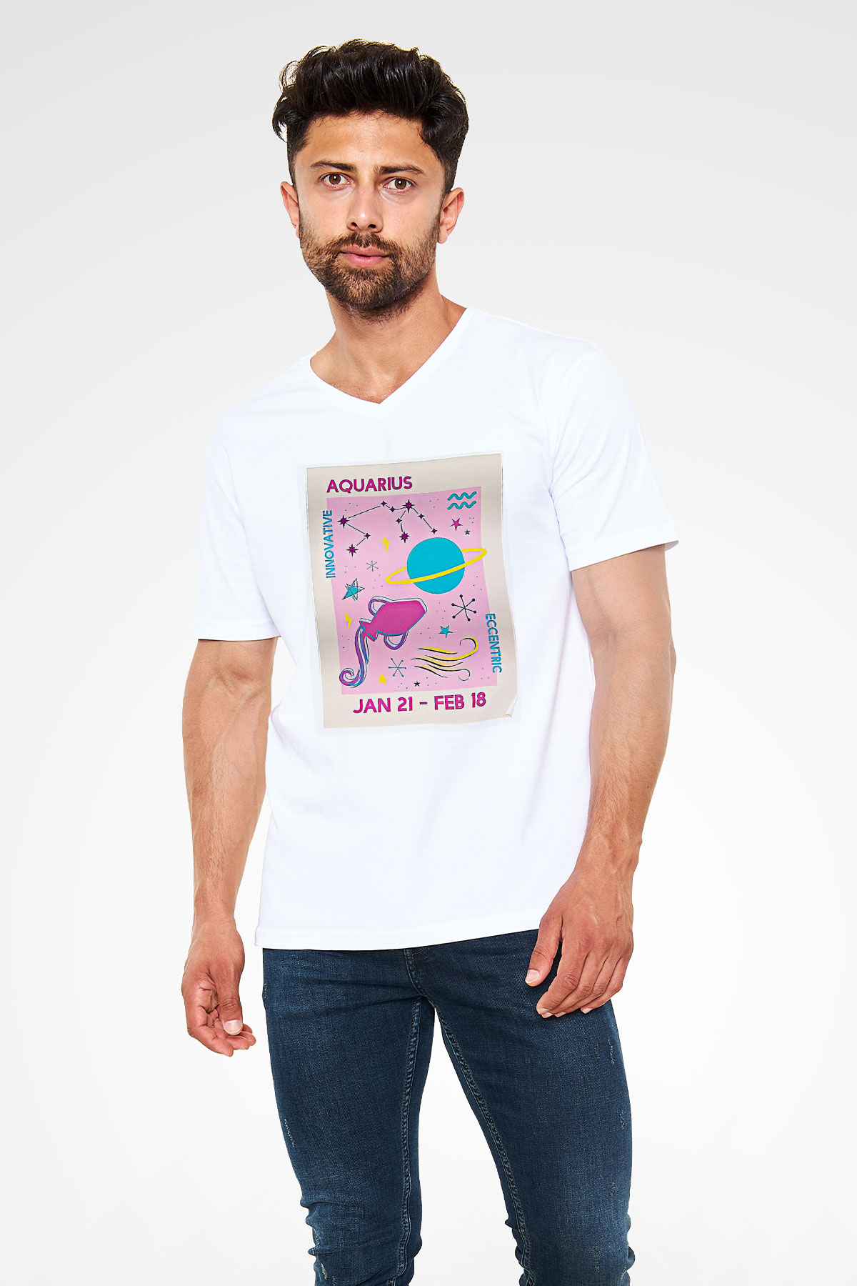 Kova Burcu Baskılı Beyaz Unisex V Yaka Tişört - Tshirt