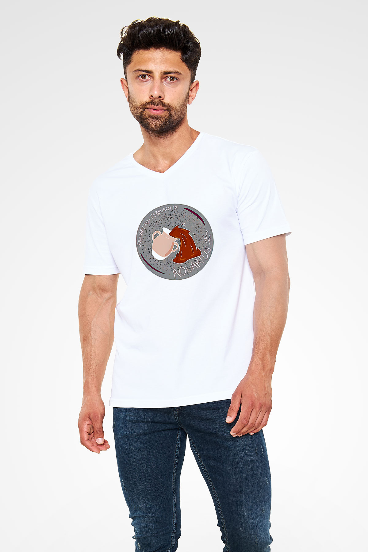 Kova Burcu Baskılı Beyaz Unisex V Yaka Tişört - Tshirt