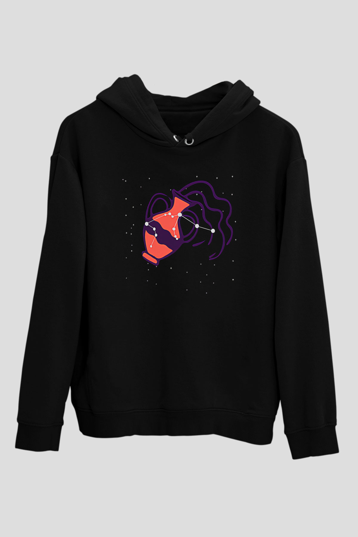 Kova Burcu Baskılı Unisex Siyah Hoodie