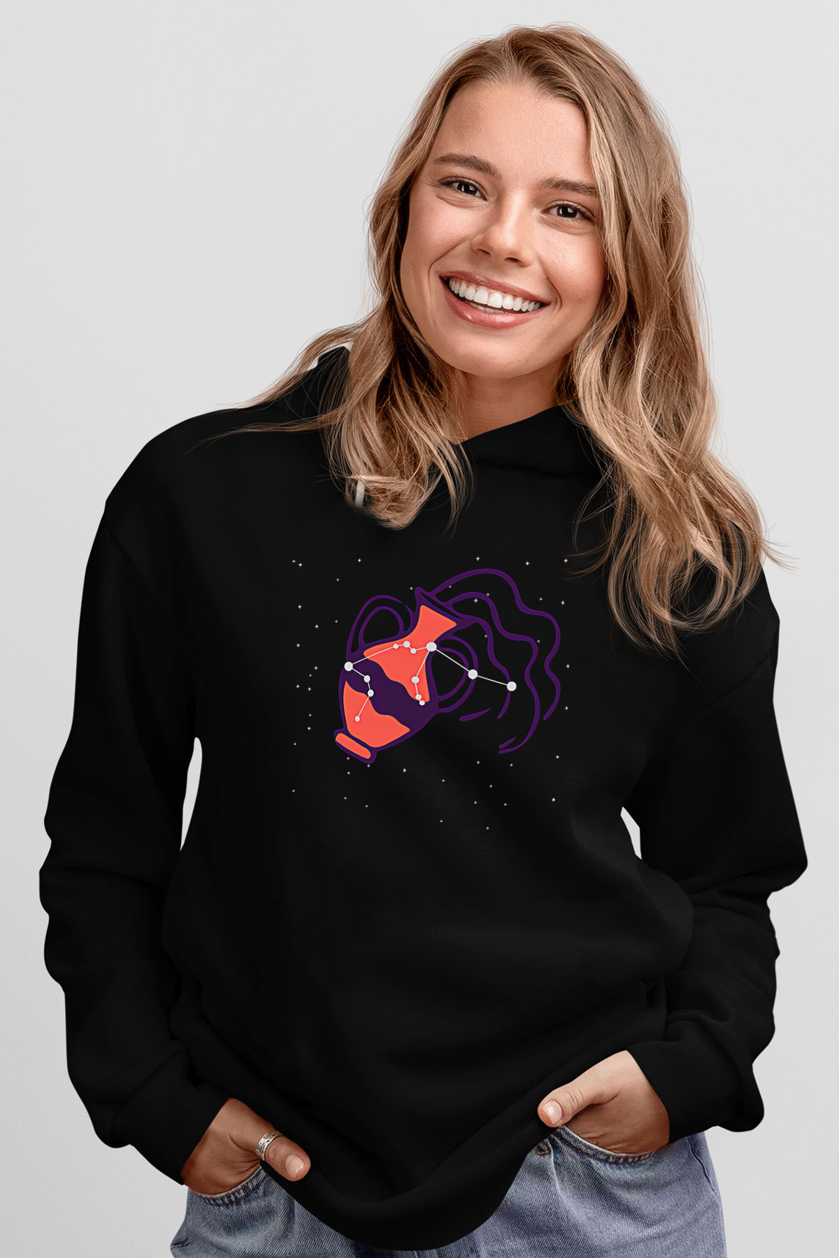 Kova Burcu Baskılı Unisex Siyah Hoodie