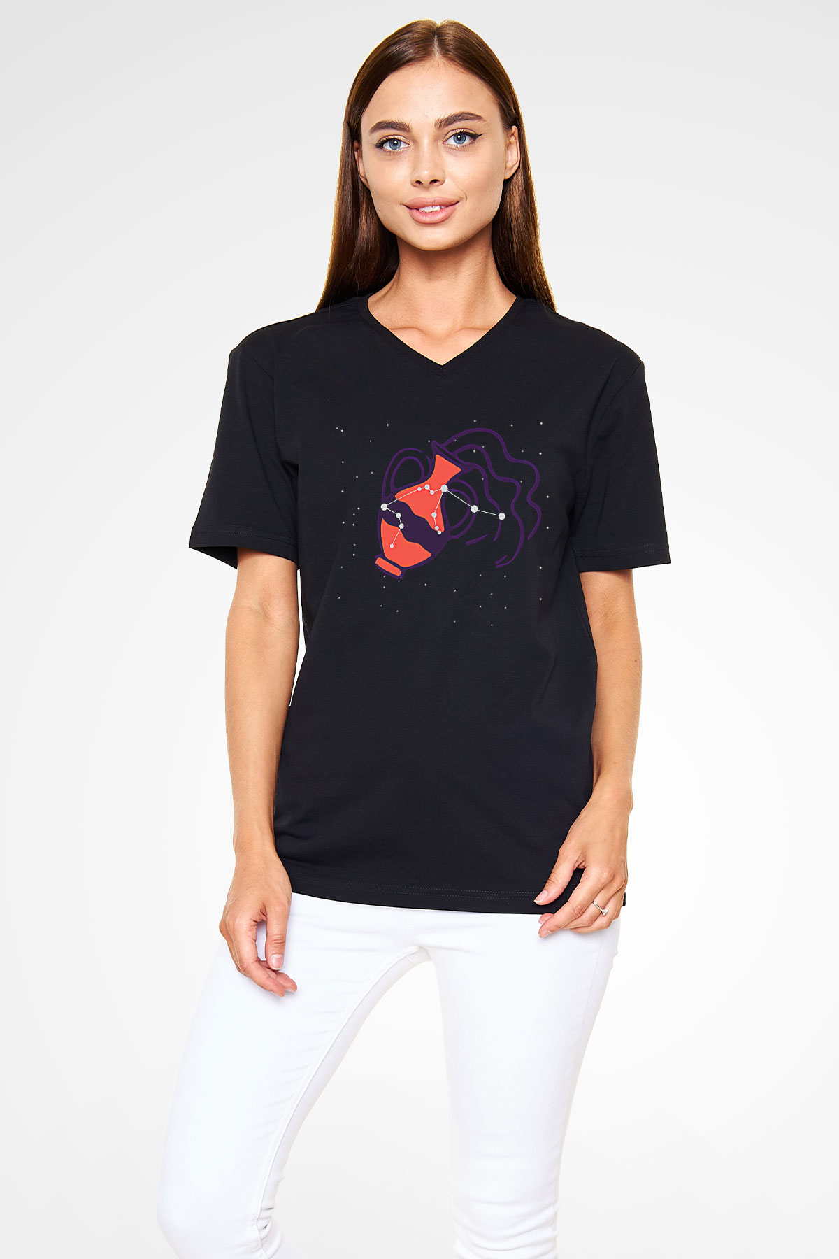 Kova Burcu Baskılı Unisex Siyah V Yaka Tişört - Tshirt