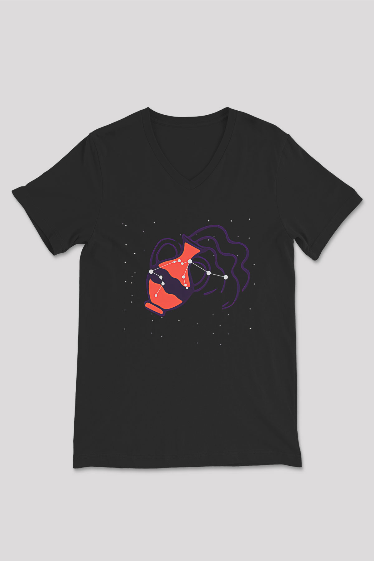 Kova Burcu Baskılı Unisex Siyah V Yaka Tişört - Tshirt