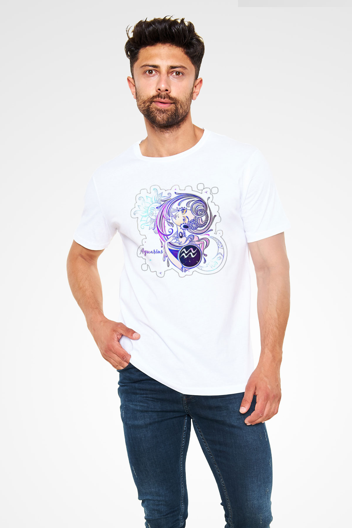 Kova Burcu Unisex Baskılı Beyaz Tişört - Tshirt