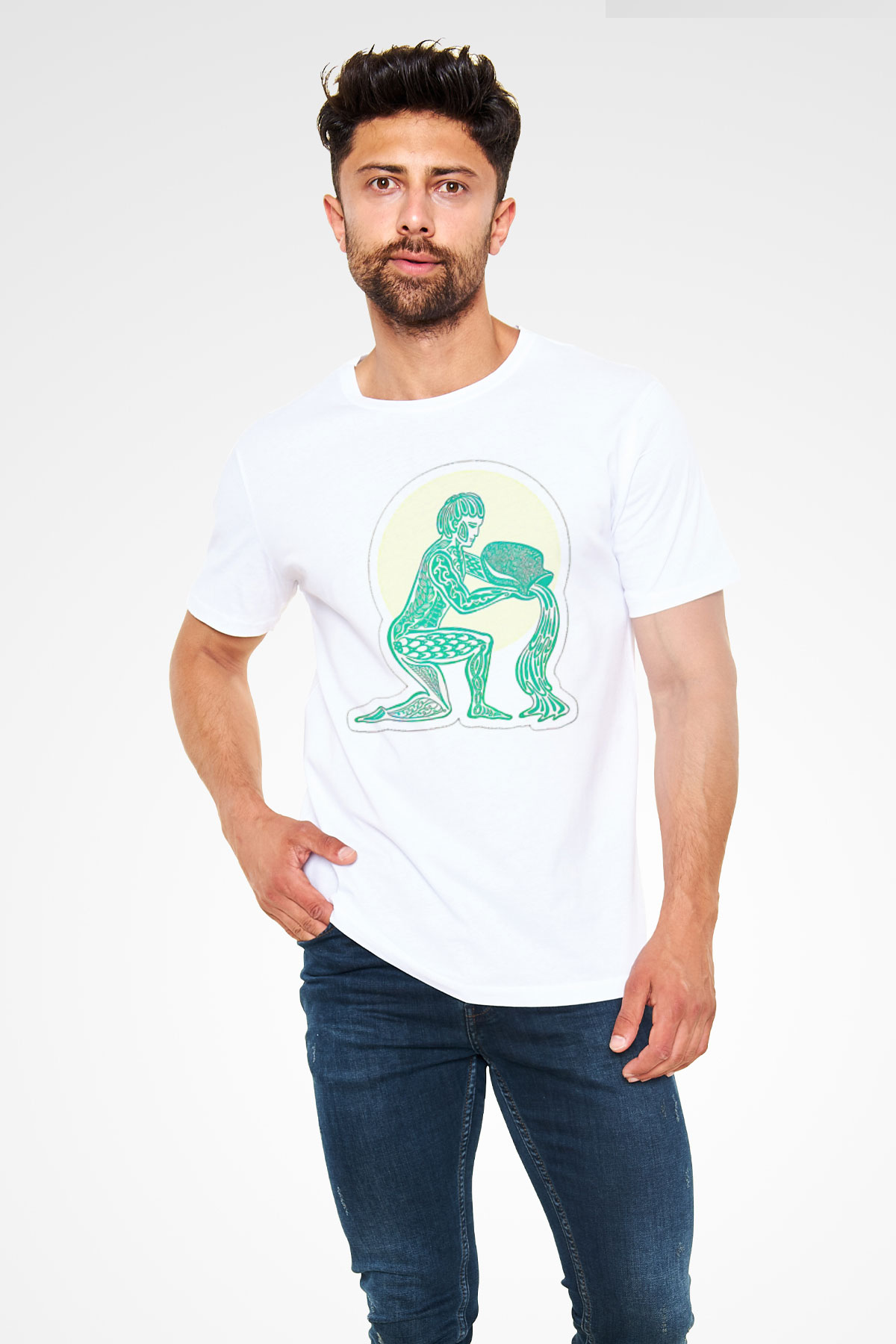 Kova Burcu Unisex Baskılı Beyaz Tişört - Tshirt