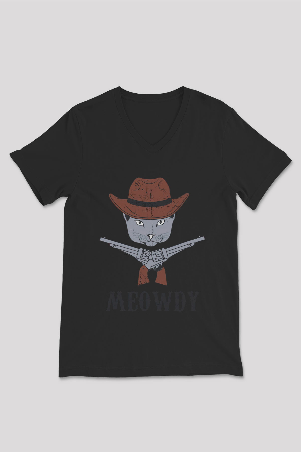 Kovboy Kedi Baskılı Unisex Siyah  V Yaka Tişört