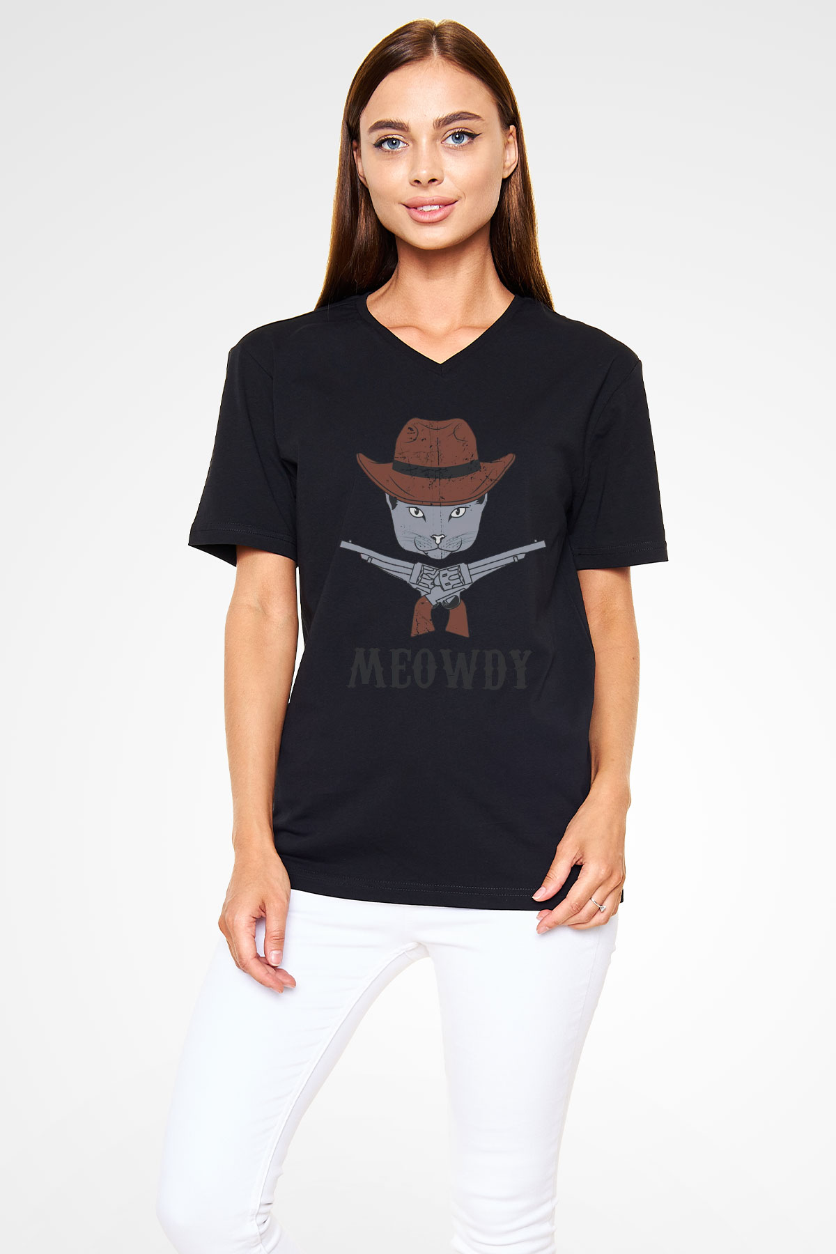Kovboy Kedi Baskılı Unisex Siyah  V Yaka Tişört