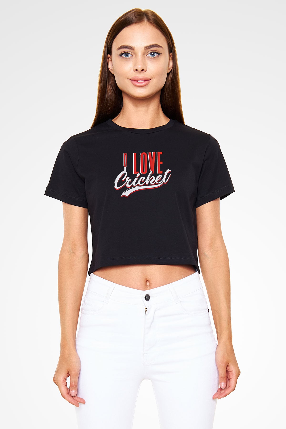 Kriket - Cricket Baskılı Crop Top Siyah Kadın Tişört - Tshirt