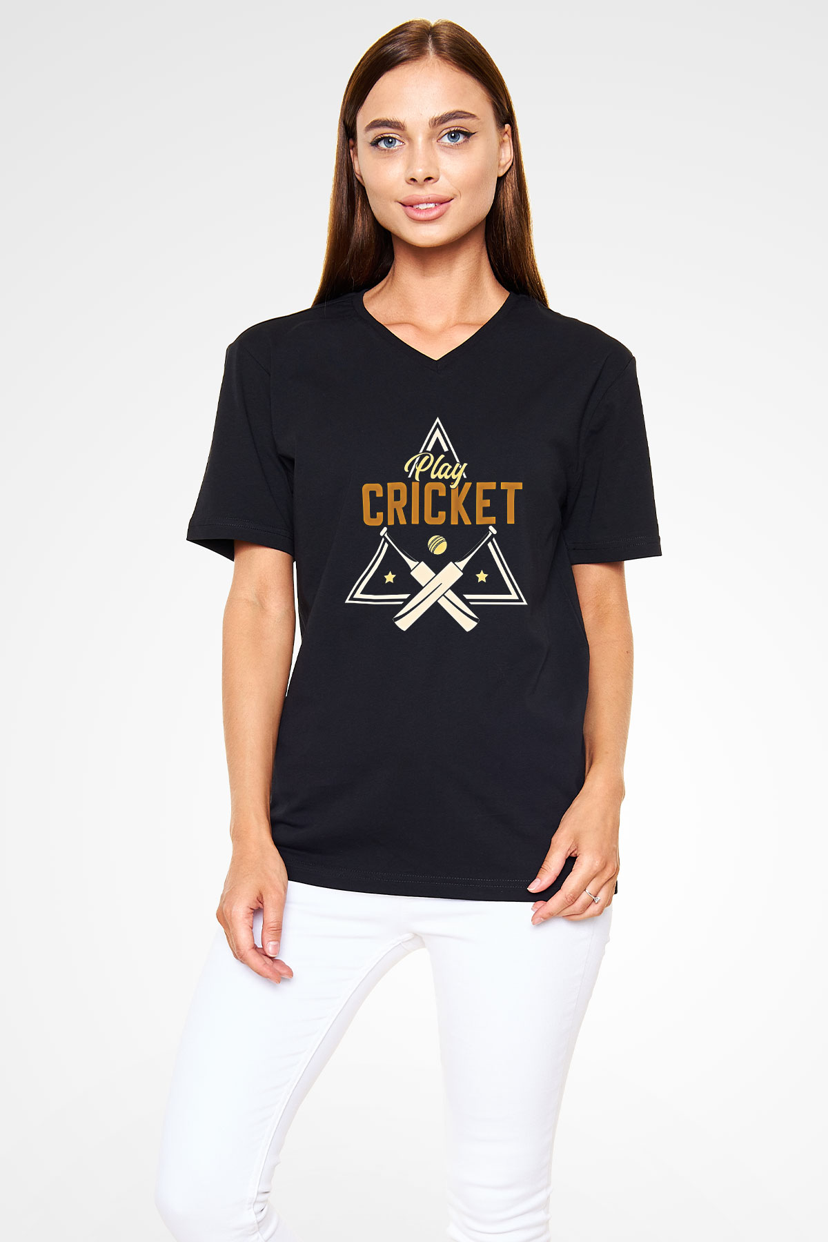 Kriket - Cricket Baskılı Unisex Siyah V Yaka Tişört