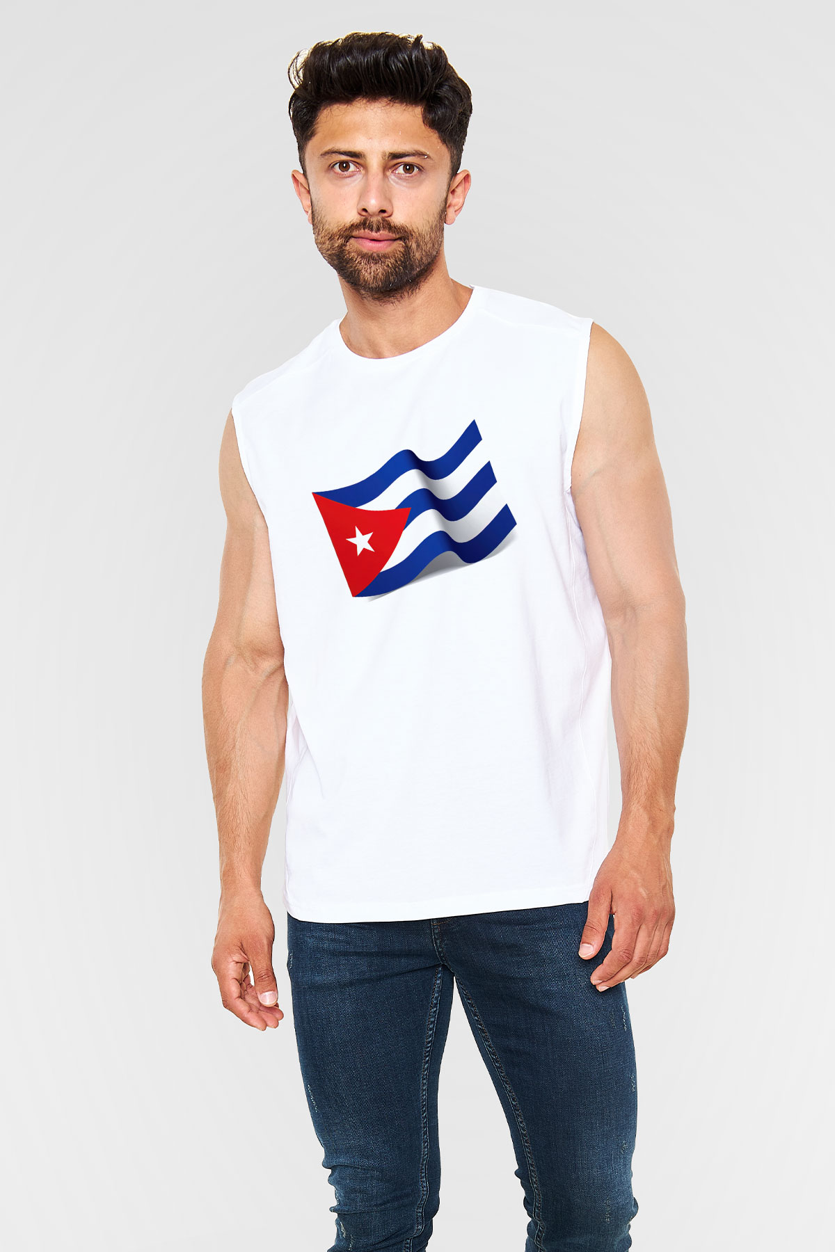 Küba Beyaz Unisex Kolsuz Tişört