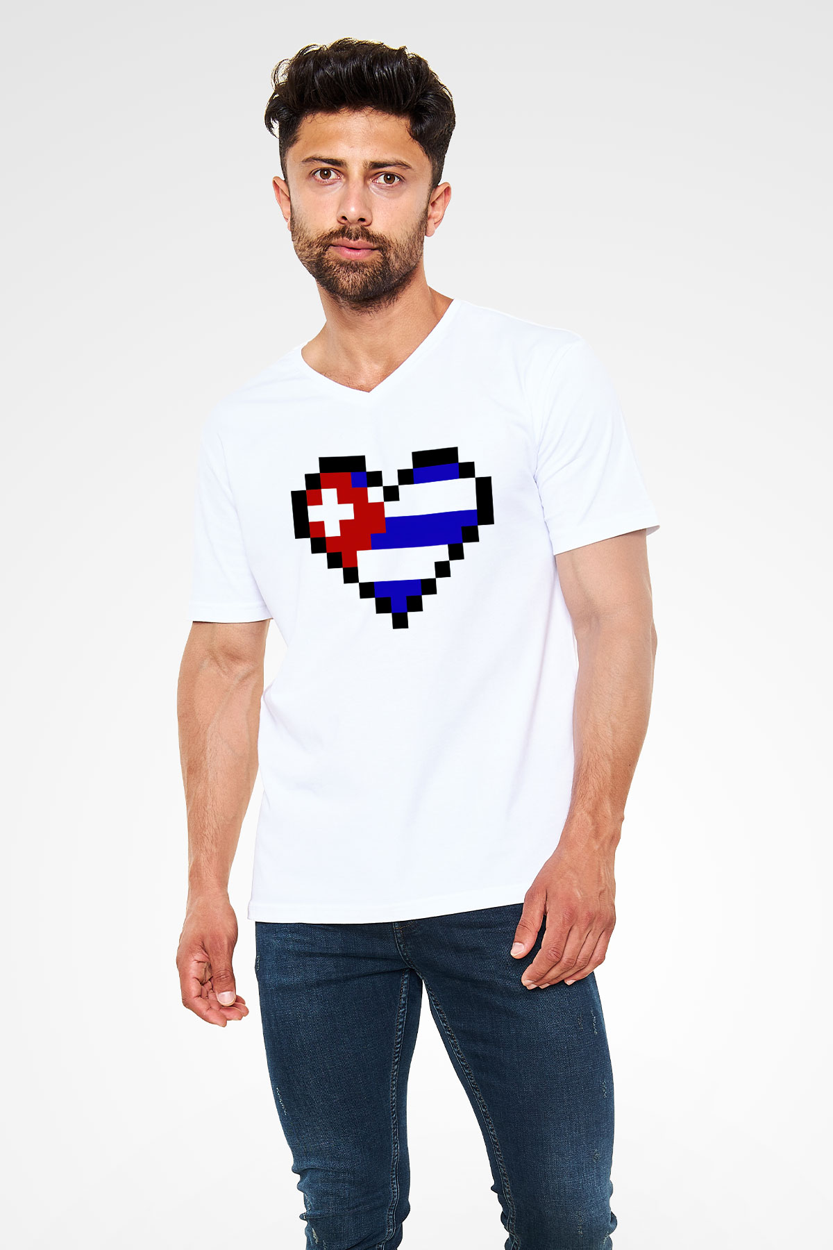 Küba Beyaz Unisex V Yaka Tişört T-Shirt
