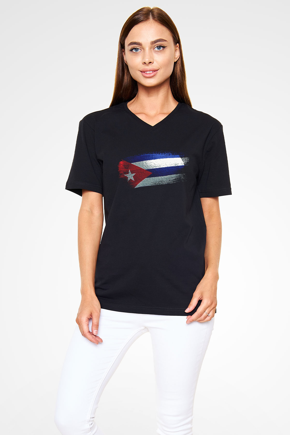 Küba - Cuba Bayrağı Baskılı Unisex Siyah V Yaka Tişört