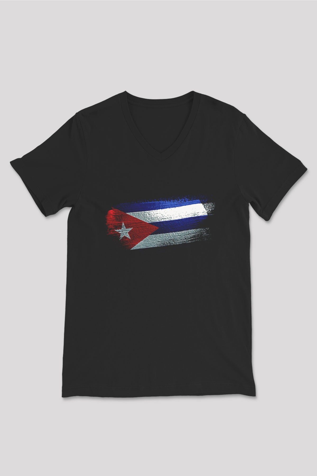 Küba - Cuba Bayrağı Baskılı Unisex Siyah V Yaka Tişört