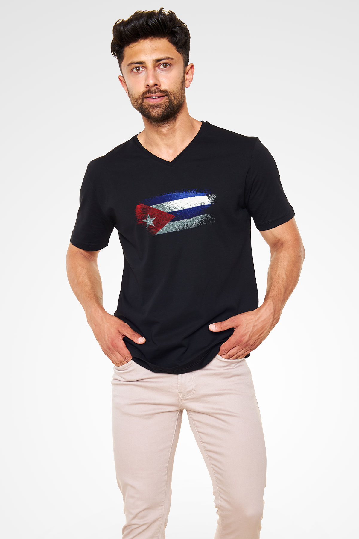 Küba - Cuba Bayrağı Baskılı Unisex Siyah V Yaka Tişört