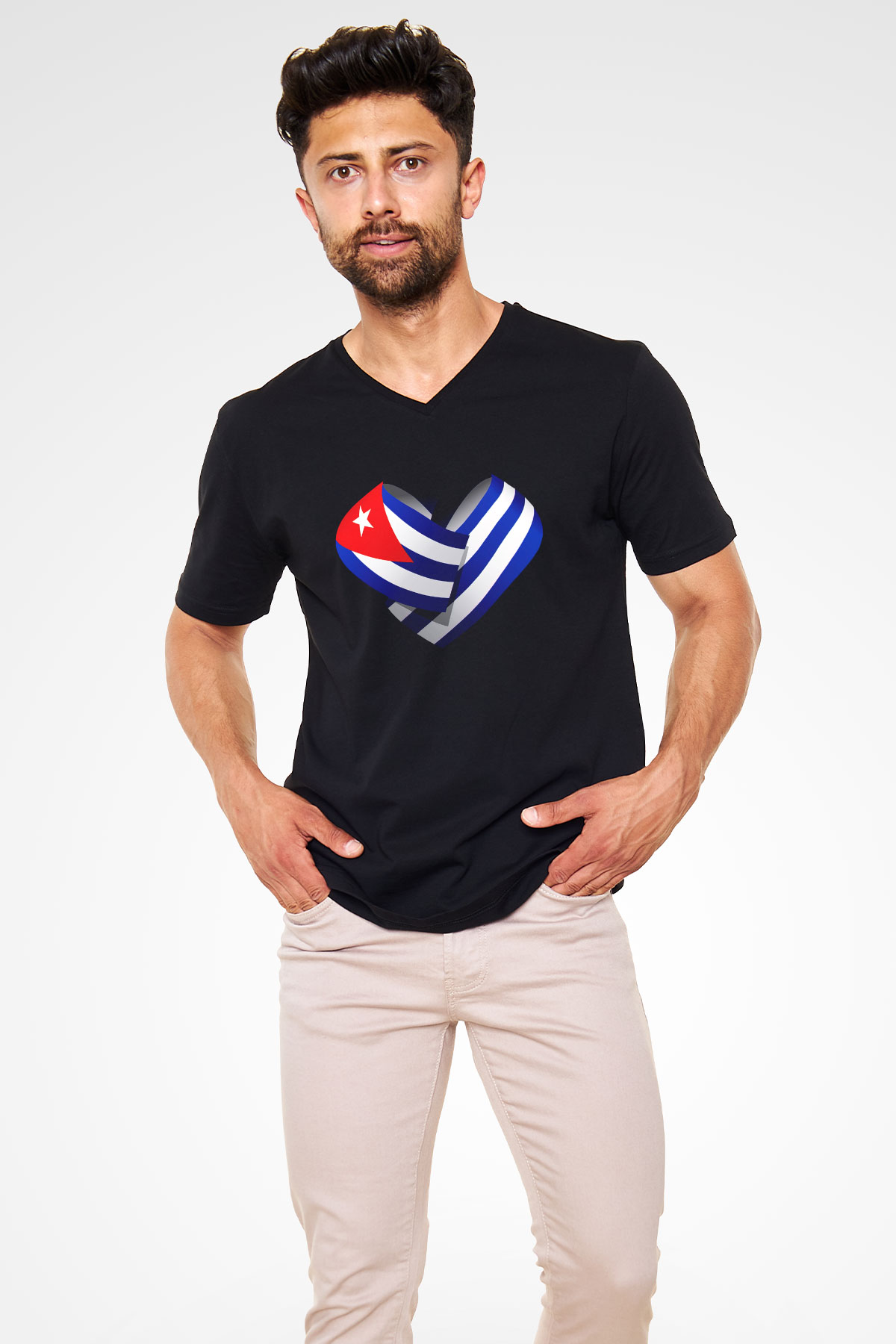 Küba Siyah Unisex V Yaka Tişört T-Shirt