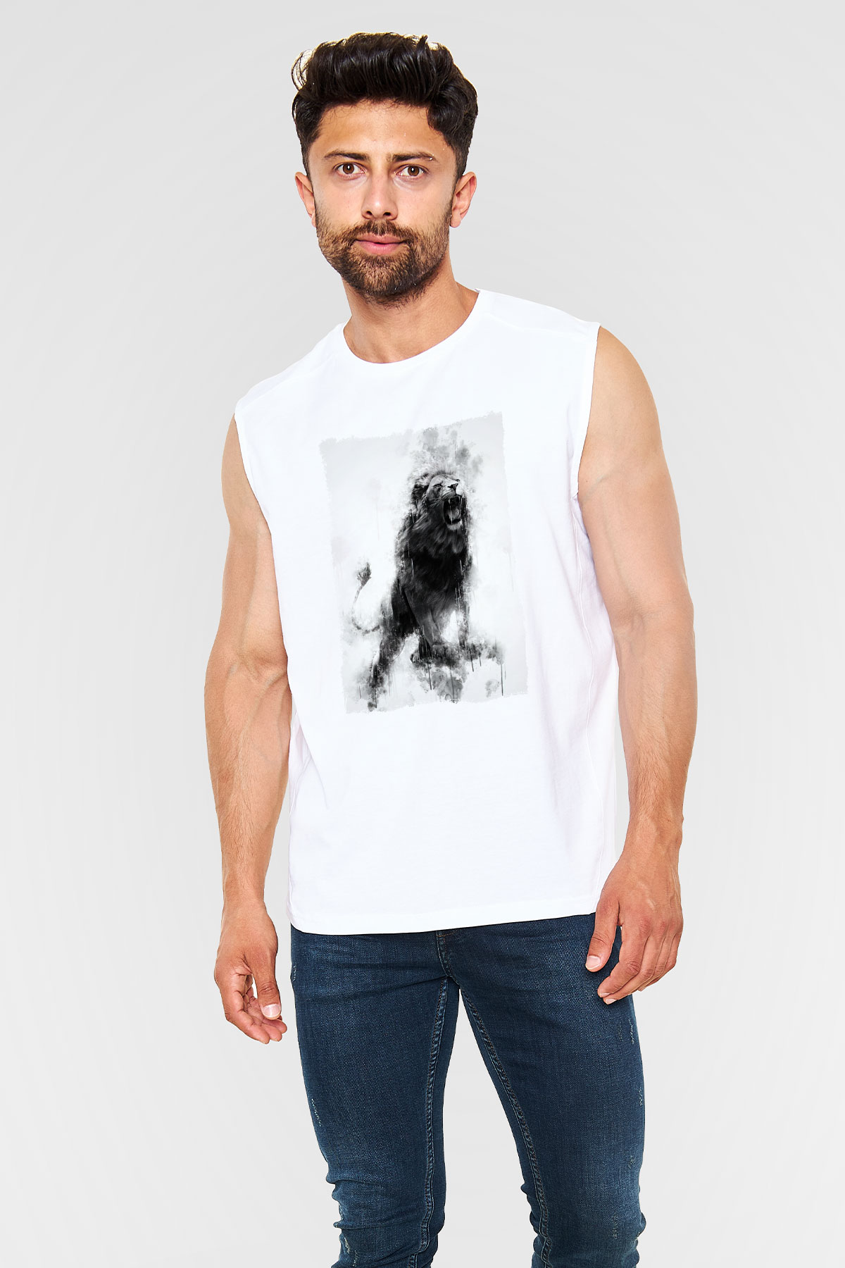 Kükreyen Aslan Baskılı Unisex Beyaz  Kolsuz Tişört