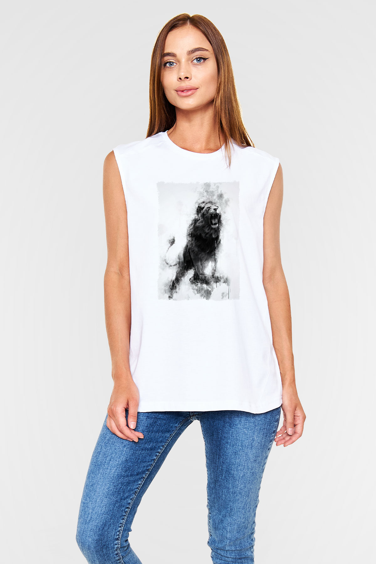 Kükreyen Aslan Baskılı Unisex Beyaz  Kolsuz Tişört