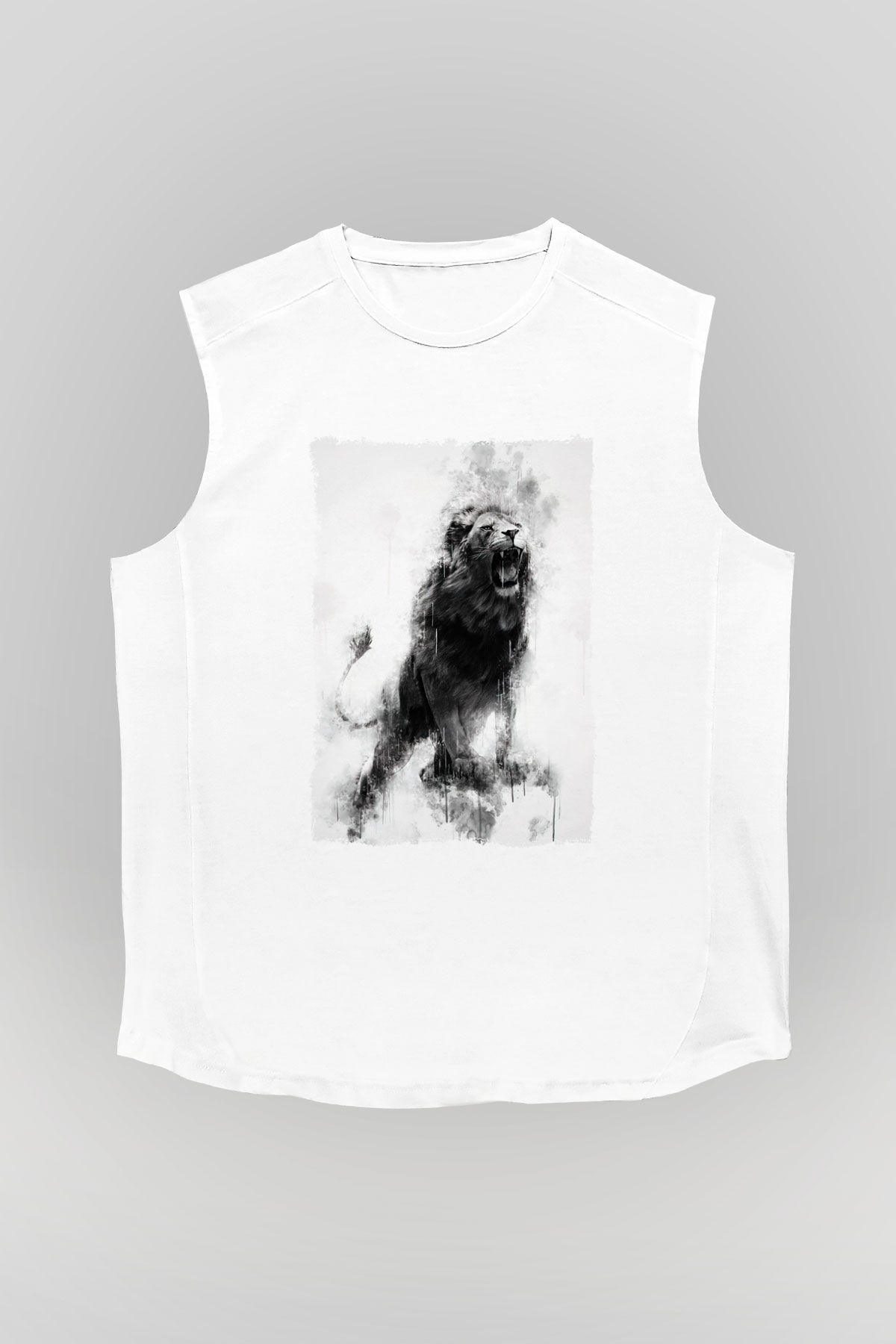 Kükreyen Aslan Baskılı Unisex Beyaz  Kolsuz Tişört