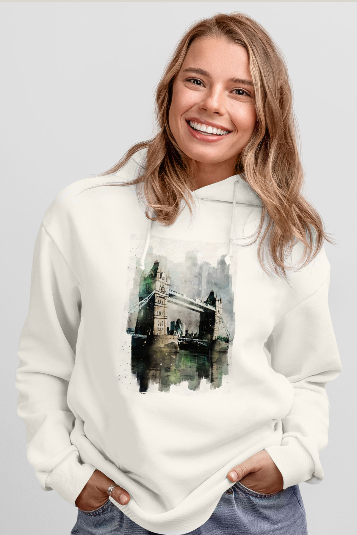 Kule Köprüsü Beyaz Unisex Hoodie