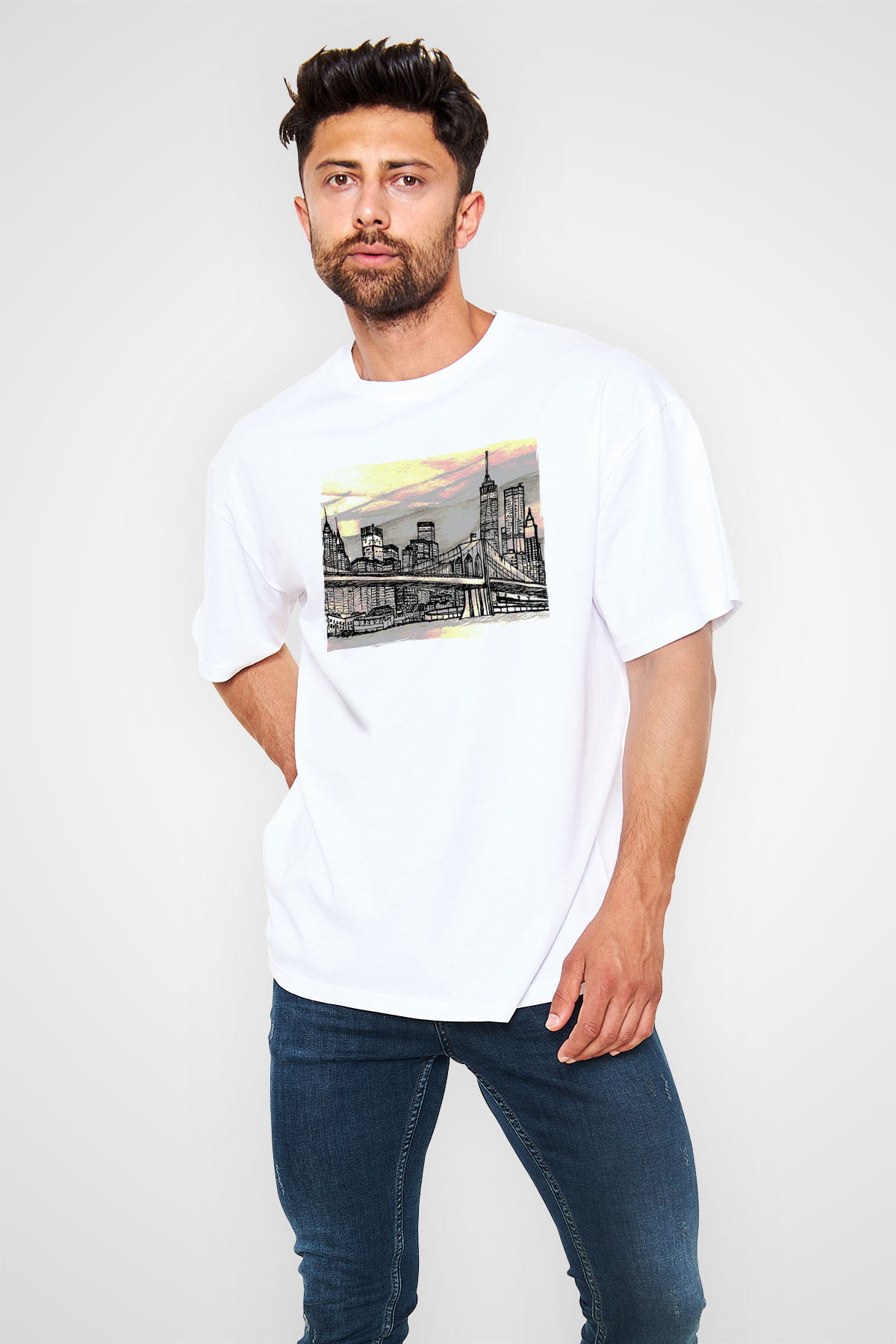 Kule Köprüsü Beyaz Oversize Tişört Oversize T-shirt - TişörtFabrikası